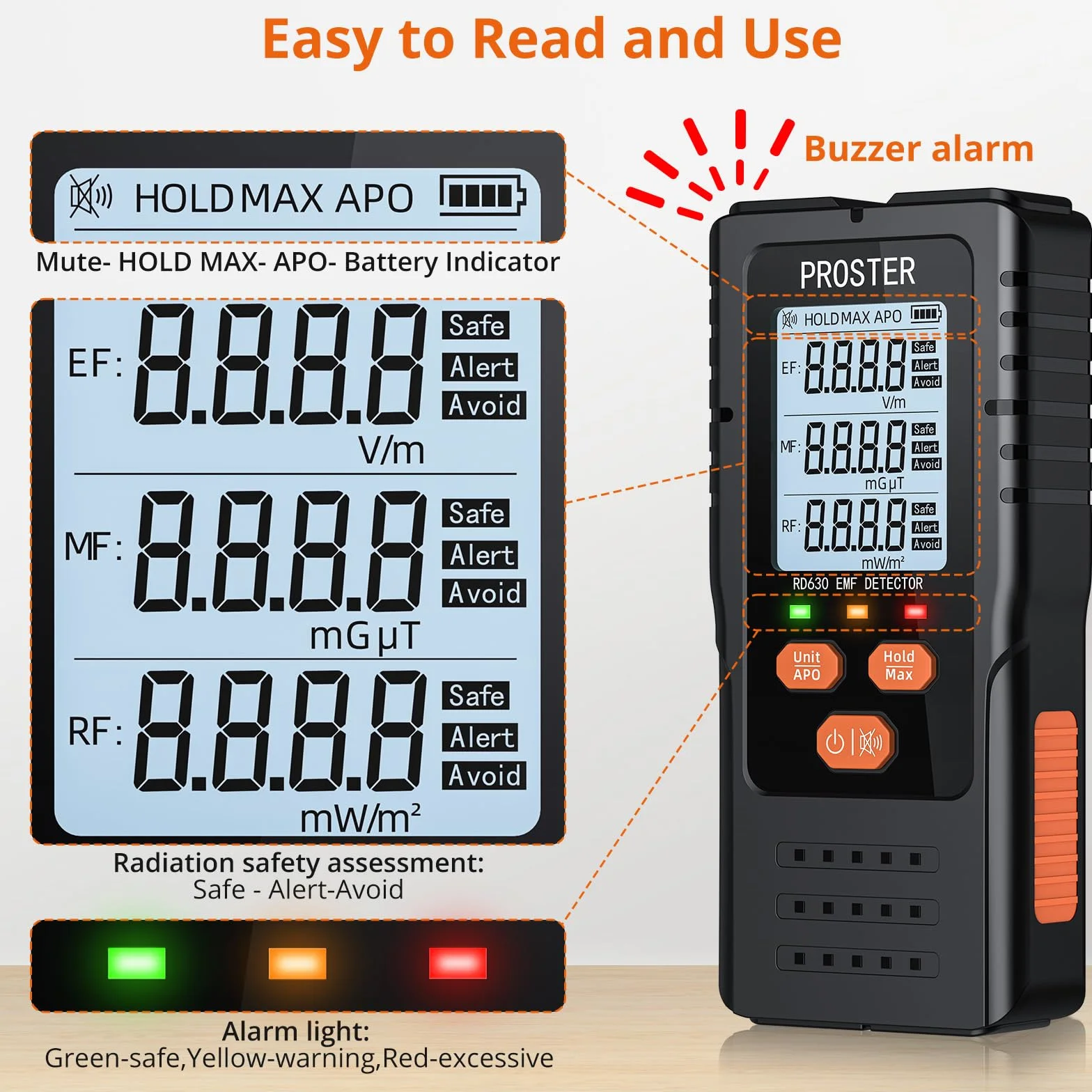 Proster EMF cyfrowy detektor promieniowania 3 w 1 do pól elektromagnetycznych EF RF MF, maszt komunikacyjny 5G, detektor sygnału WiFi do inspekcji EMF w domu i w biurze oraz polowania na duchy