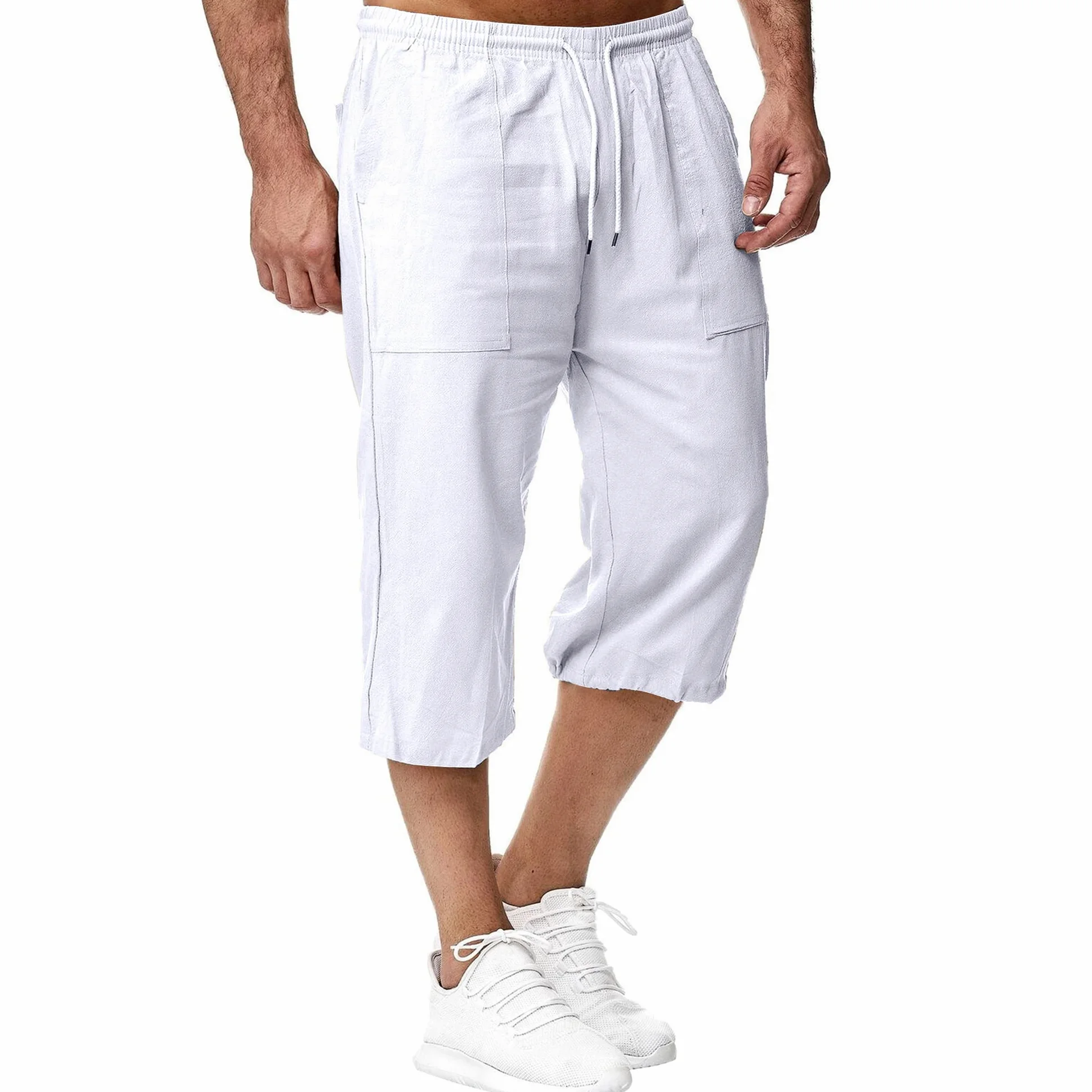 Męskie lniane szorty 3/4 długości spodnie letnie spodnie plażowe joga joggery codzienne spodnie dresowe