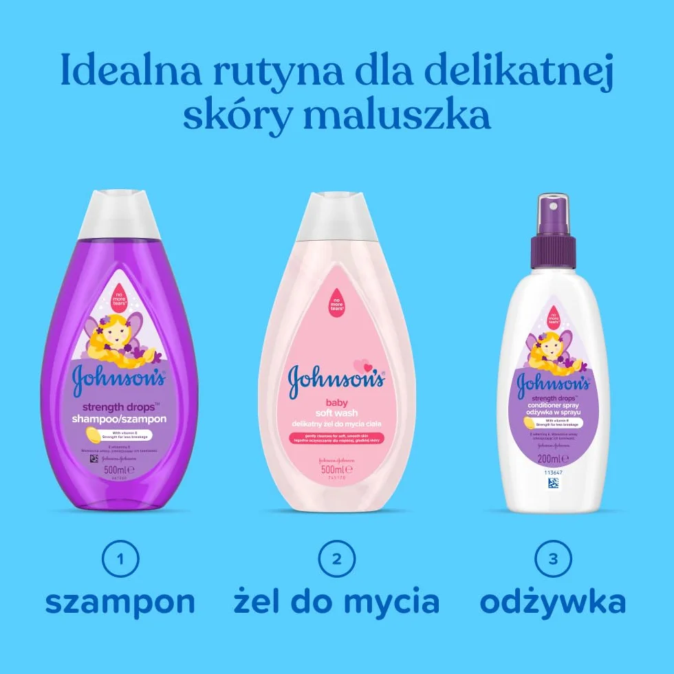 Johnson's Strength Drops szampon 500 ml, Szampon z witaminą E przeznaczony do pielęgnacji włosów, które wymagają wzmocnienia. Zmniejsza łamliwość włosów.