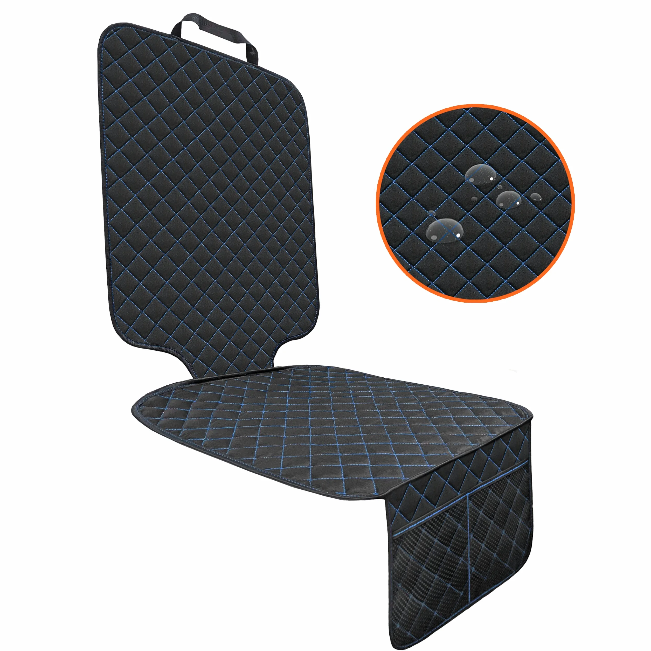 L & P Car Design Podkładka pod fotelik dziecięcy, ochraniacz na fotelik dziecięcy, ochraniacz na tylne siedzenie samochodowe ISOFIX, kolor czarny, niebieski szew