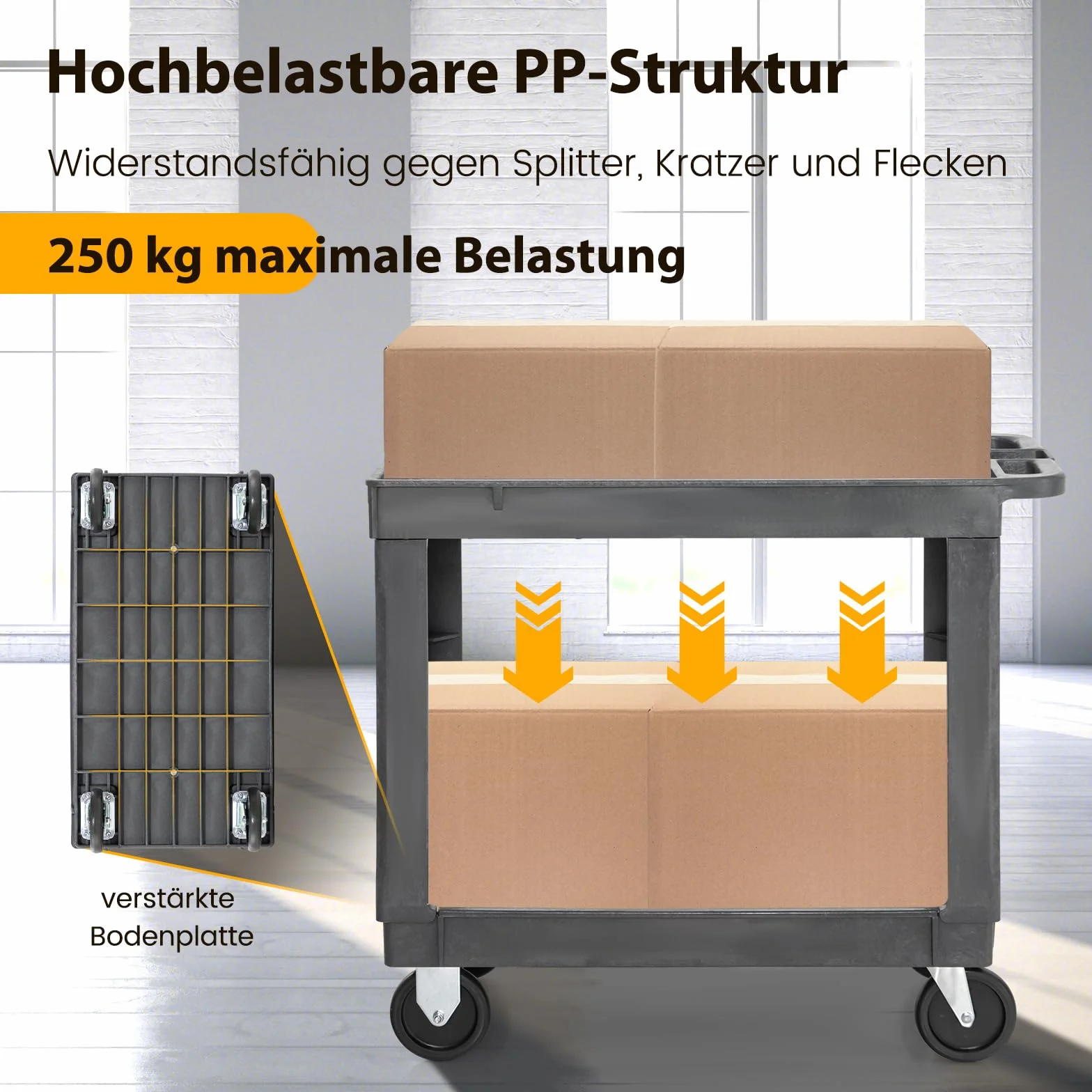 COSTWAY Wózek warsztatowy, 2 poziomy, wózek warsztatowy z tworzywa sztucznego z uchwytem, wózek montażowy, wózek serwisowy, obciążenie do 250 kg, wózek narzędziowy do garażu, magazynu, biura, 86 x 44