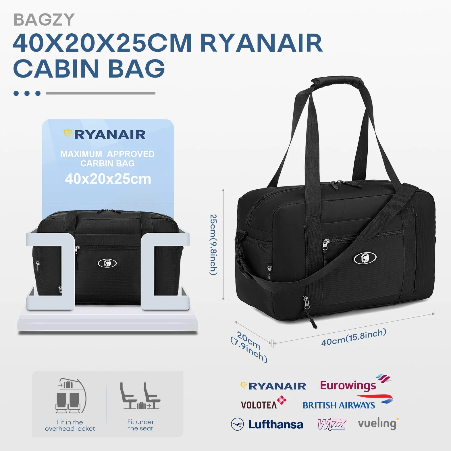 BAGZY Torba Podróżna Zwijana 20L Ryanair Bagaż podręczny 40x20x25 Torba Sportowa Wasserdicht Podróż Bagaż Torby do Samolotu Kabina Weekender Torby Podróżne Szpital Torbas z 1szt Kosmetyczka