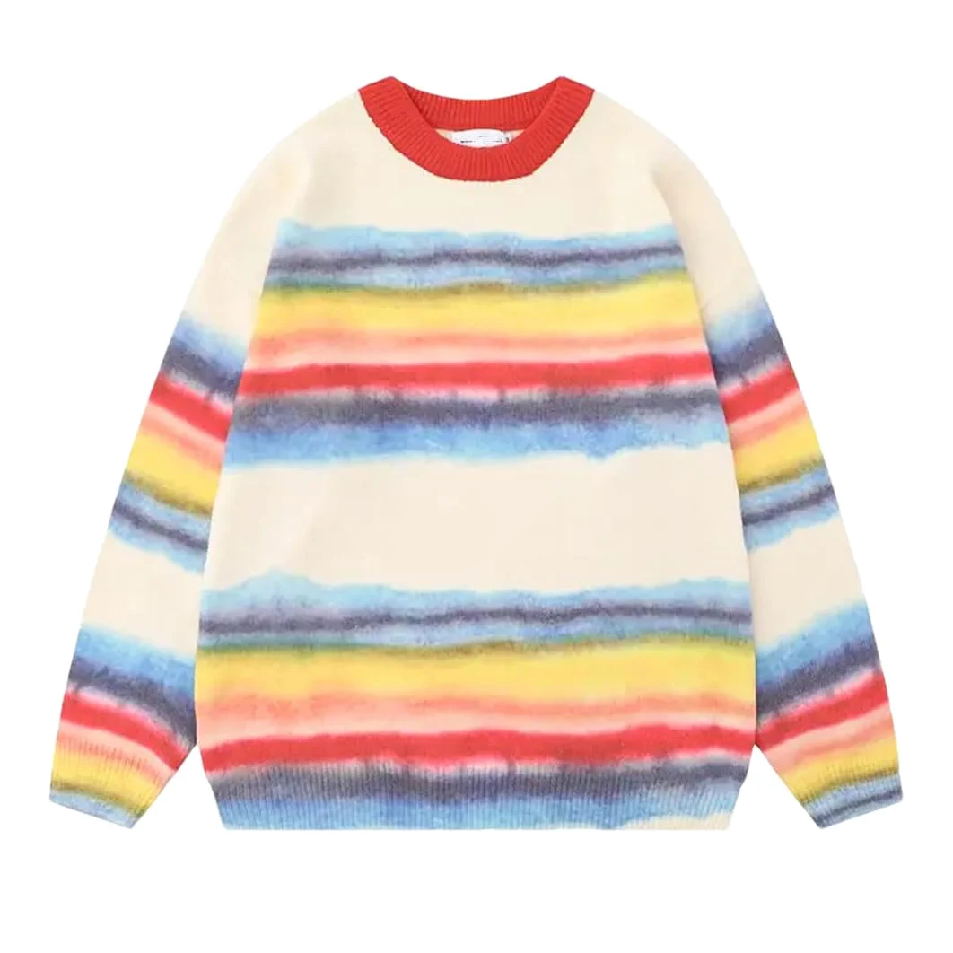 Damski sweter oversize tęczowe paski okrągły dekolt dzianina szwy kolor swobodny styl sweter z długim rękawem