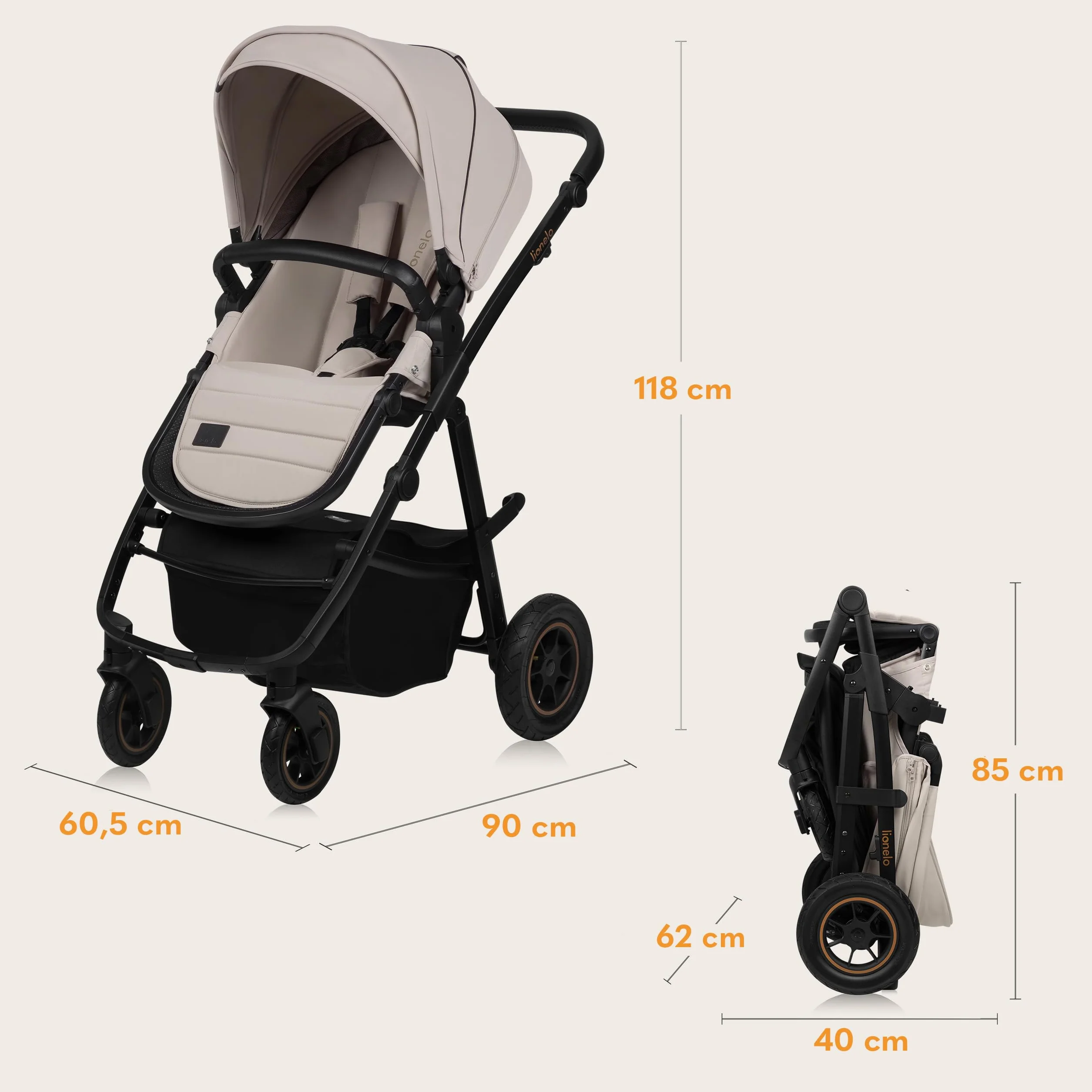 LIONELO AMBER PLUS 3 w 1 Wielofunkcyjny Wózek Dziecięcy od 0 do 4 lat do 22kg z Gondolą XL, Fotelik Samochodowy do 13 kg, Regulacja Oparcia, Duże Terenowe Koła 360o Budka XXL