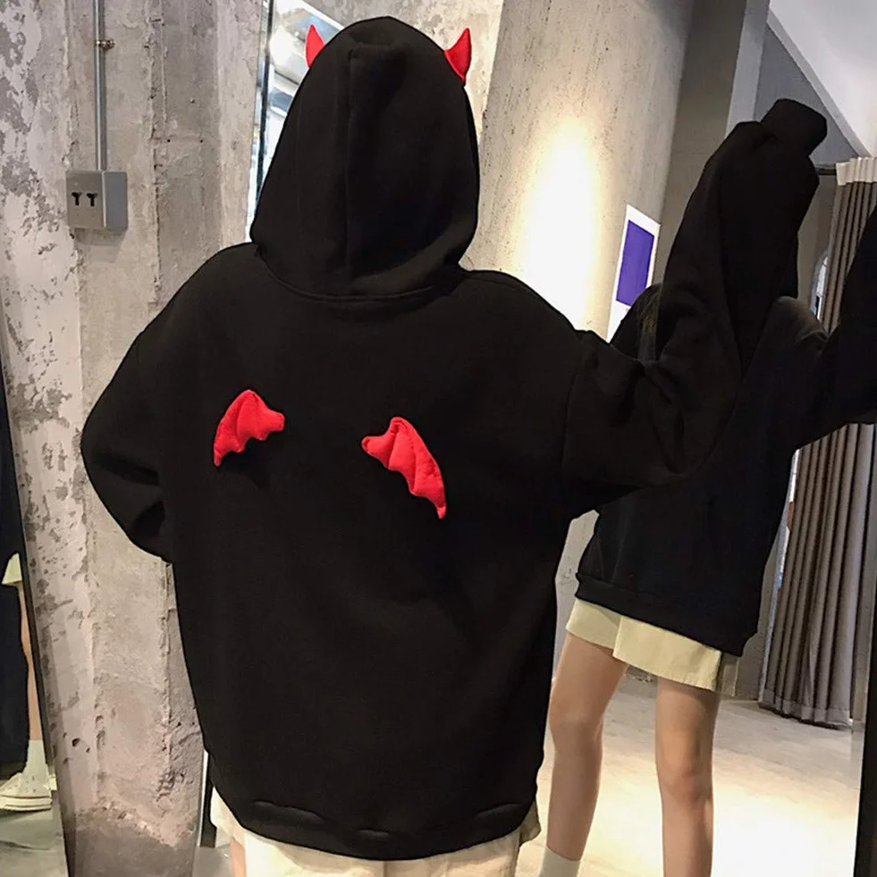 Damska bluza z kapturem Devil Wings luźna bluza z kapturem z długim rękawem sweter z kapturem