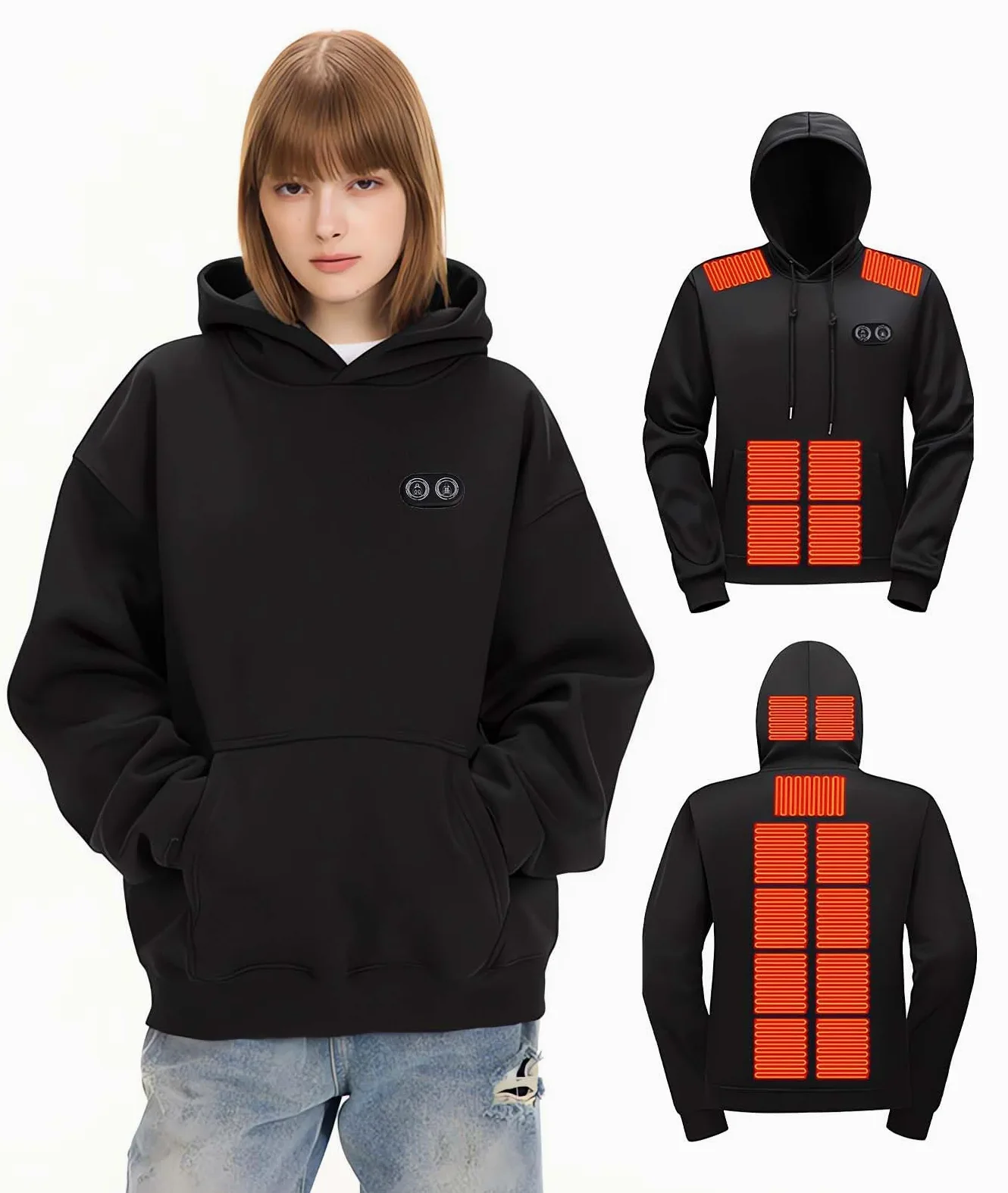 Ogrzewana bluza z kapturem Damskie, Bluza z Kapturem Kobiety, Podgrzewana Kurtka, 3 poziomy temperatury, 17 Stref Grzewczych, Bluzy Oversize Bluzy Sweter Z Kapturem