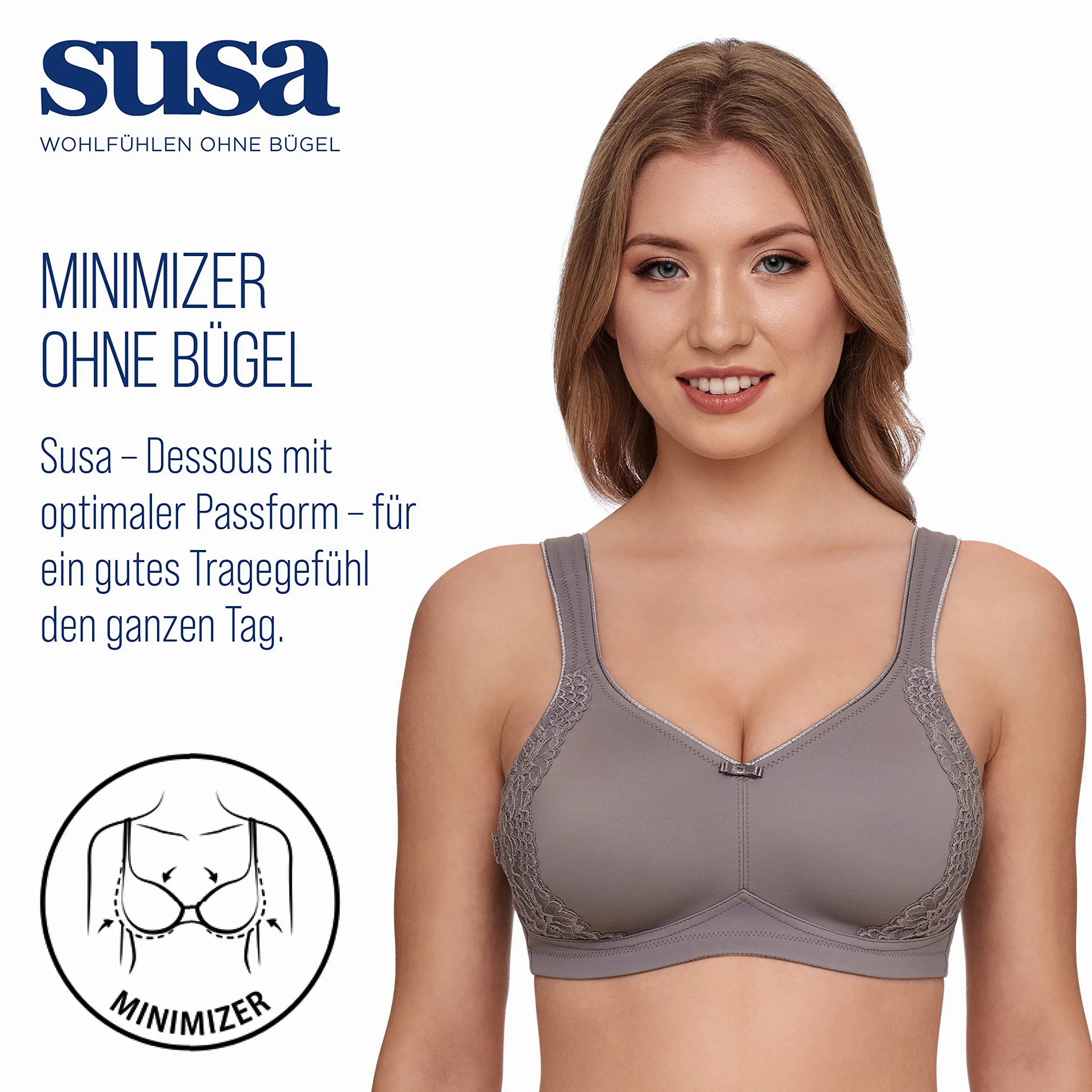 SUSA Minimizer biustonosz damski bez fiszbin I London I biustonosz damski o kroju minimalizującym, optycznie zmniejsza piersi, uformowane miseczki, szerokie ramiączka
