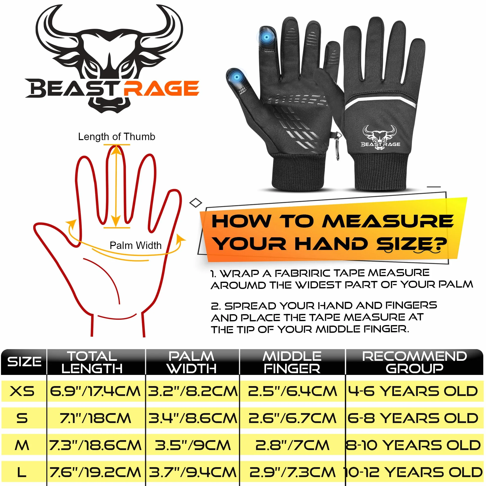 BEAST RAGE Wodoodporne rękawice zimowe dla dzieci, sporty zimowe, rękawiczki rowerowe dla dzieci, ciepłe rękawiczki z ekranem dotykowym, antypoślizgowe, termiczne, outdoorowe, wiatroszczelne, dla