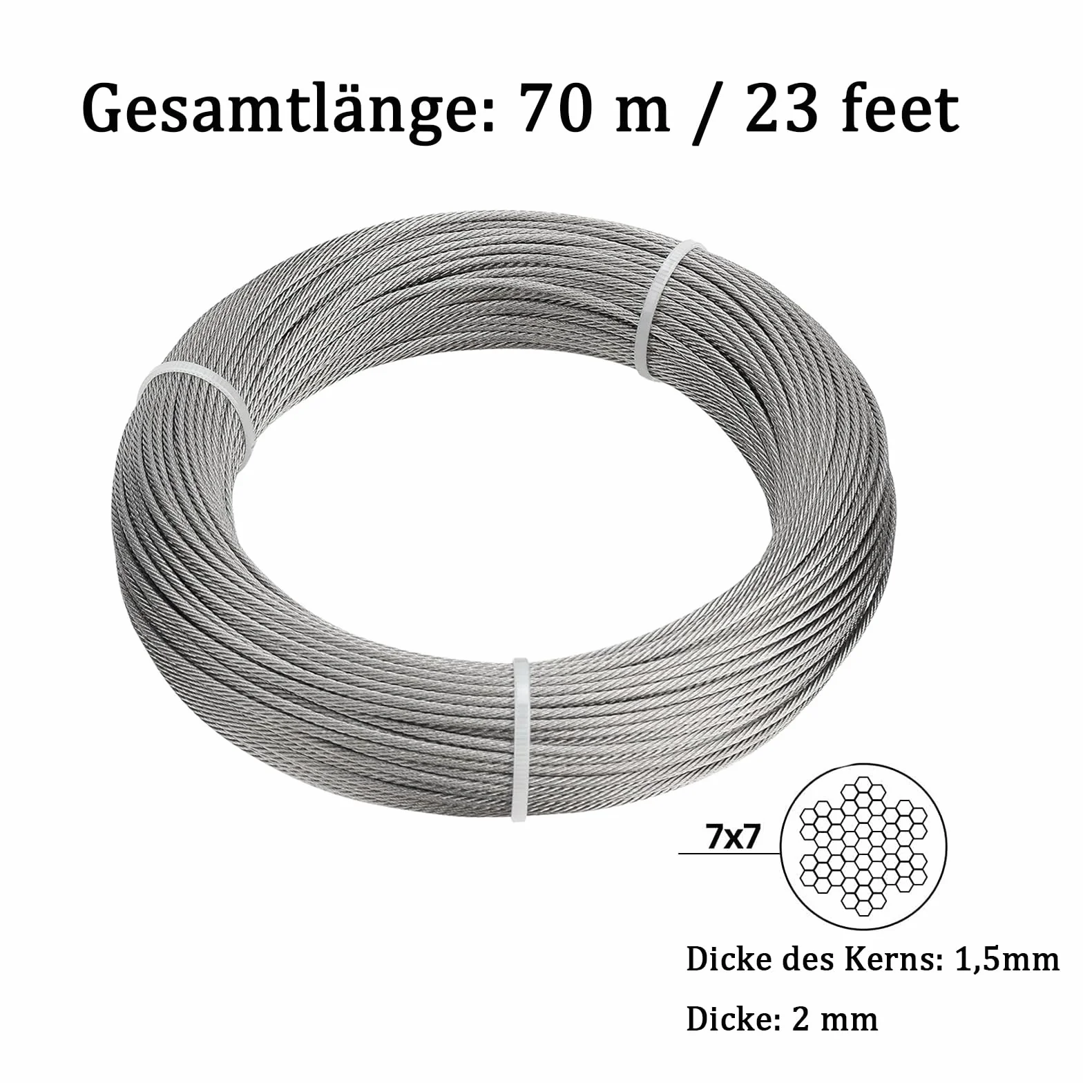 Linka stalowa 70 m, os?oni?ta linka stalowa 2 mm, stal nierdzewna 304, zestaw z 10 zaciskami kablowymi, 10 linami drucianymi i 8 tulejkami aluminiowymi, drut ze stali nierdzewnej, linka