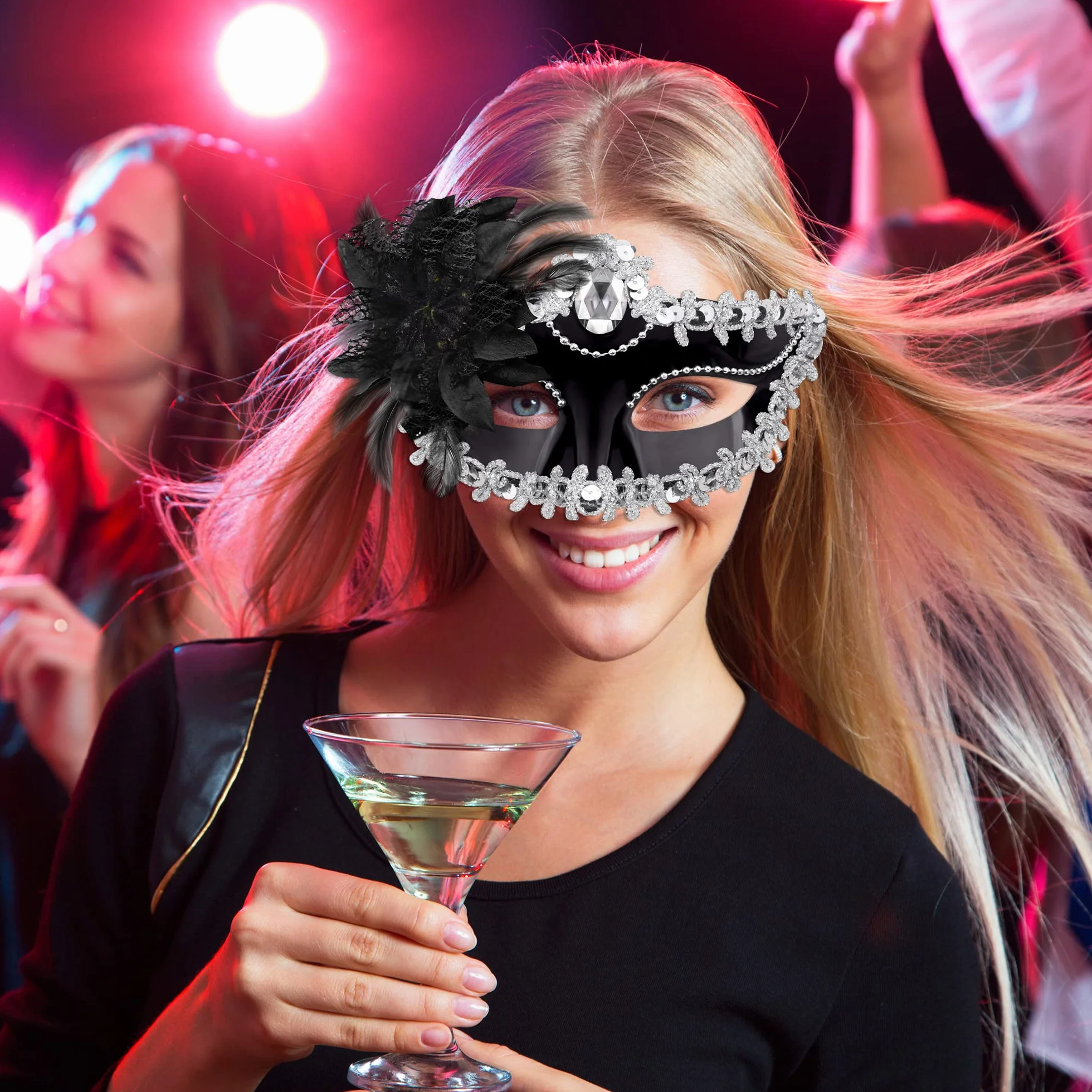 SIQUK Para maskaradowych masek zestaw wenecka maska na imprezę plastikowa maska na Halloween kostium maska Mardi Gras dla kobiet i mężczyzn, Czarny i srebrny, rozmiar uniwersalny