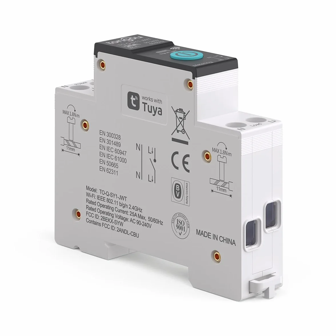 TONGOU DIY 1P+N Szyna DIN WiFi, inteligentny przełącznik przekaźnikowy 25A, Wi-Fi, aplikacja na iOS, Android, aplikacja TUYA, pilot zdalnego sterowania, do inteligentnego domu, z miernikiem