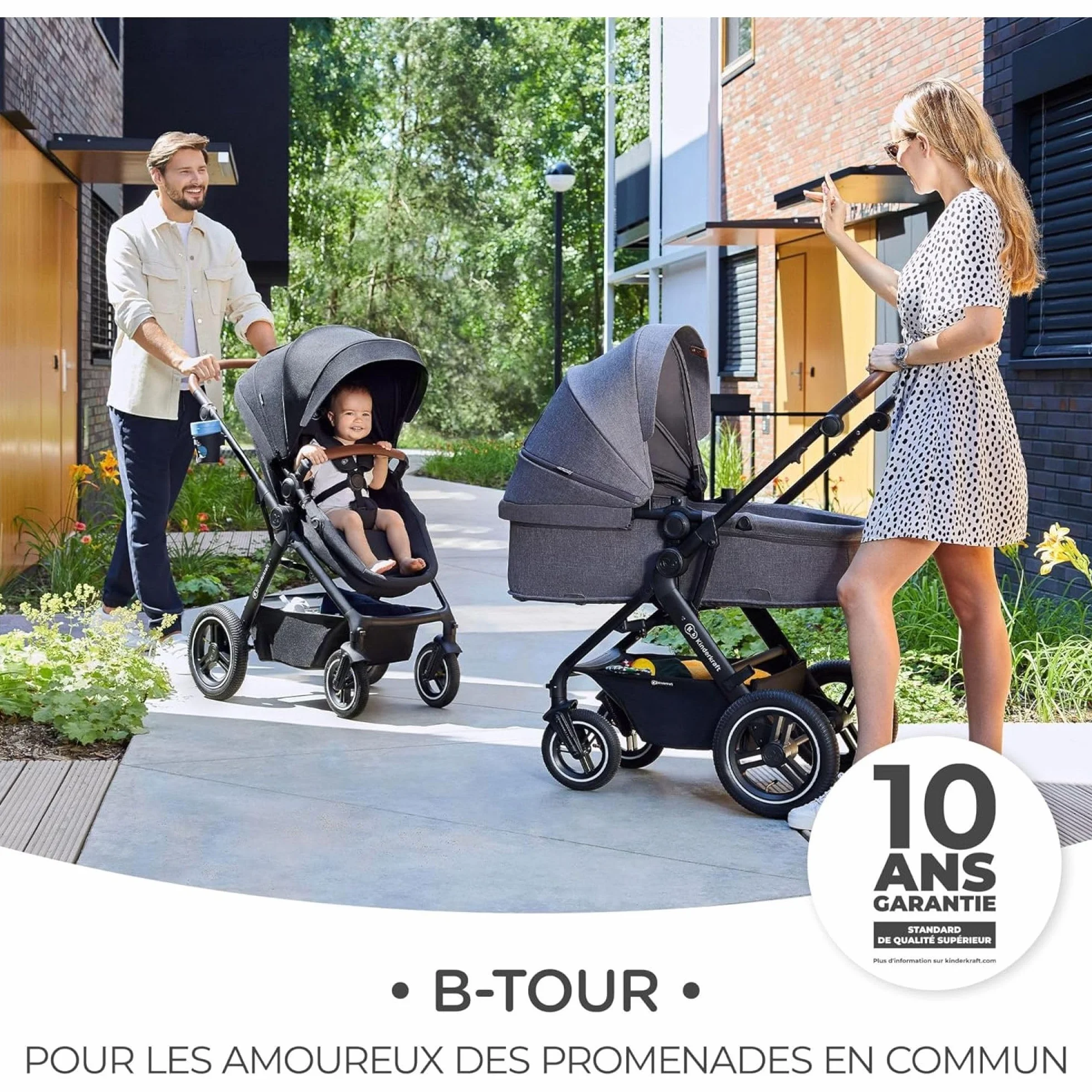 Kinderkraft B-TOUR Wózek dziecięcy Trio Niemowlęta 3 w 1 22 kg, System modułowy, z Ovetto I-size 40-75 cm, Składany, Siedzenie XL, Wodoodporny filtr UPF50+, Pozycja Banna, Szary