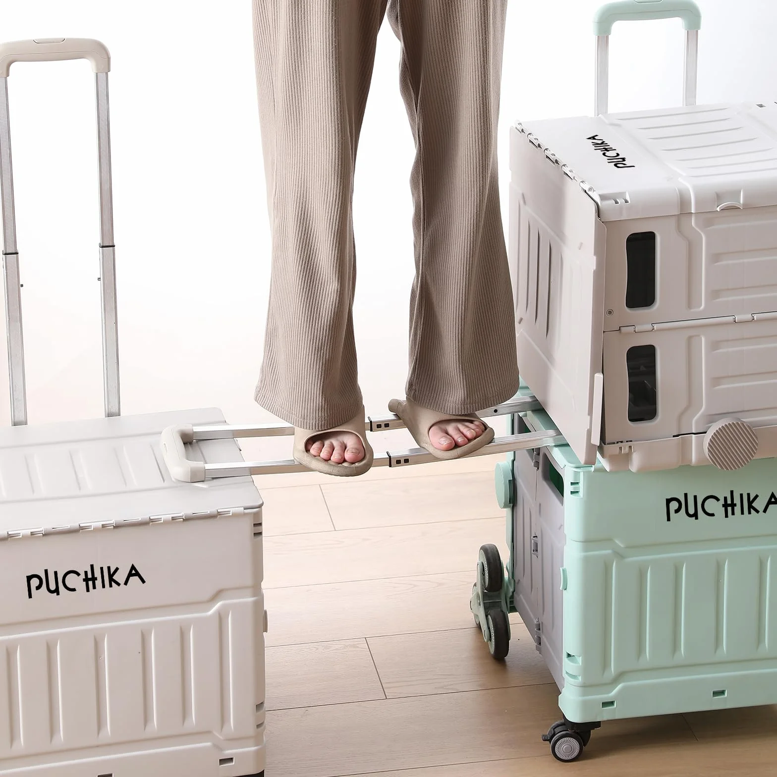 PUCHIKA Wózek na zakupy, składany wózek na zakupy z pokrywką, składany na płasko, uchwyt teleskopowy, 4 gumowe kółka, 48 l, jasnoszary