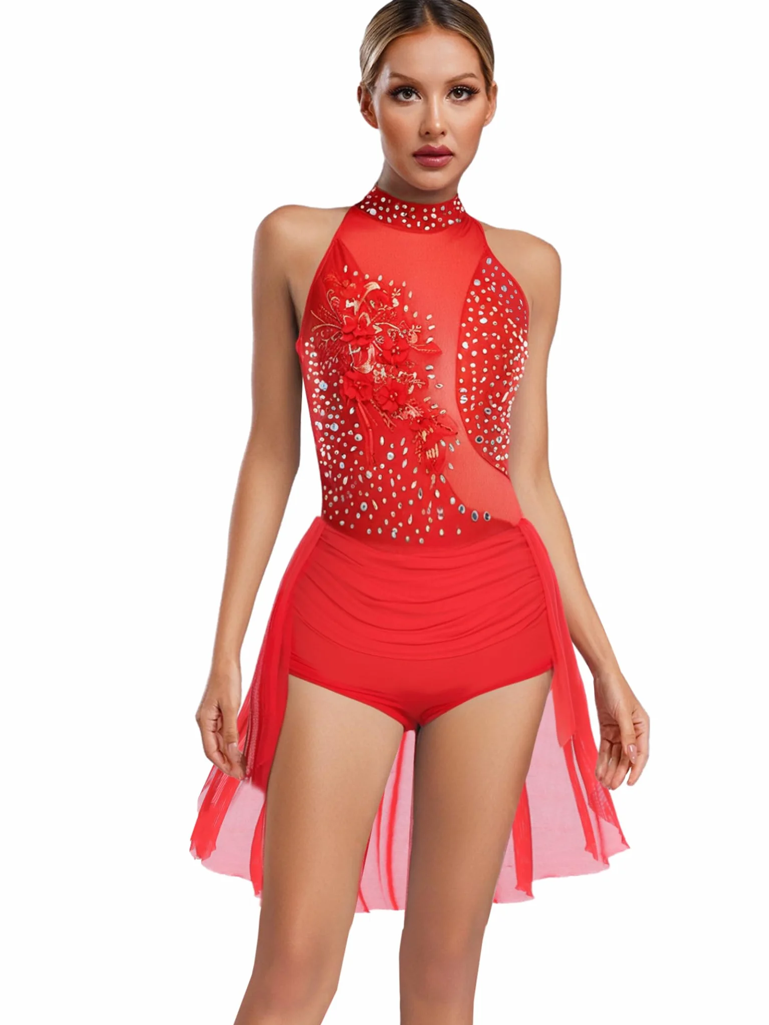 Jhaoyu Damska latynoska sukienka do tańca, brokatowa sukienka baletowa, cekiny, kombinezon trykotleotard z siateczką i spódnicą jazzową, strój do tańca show performance