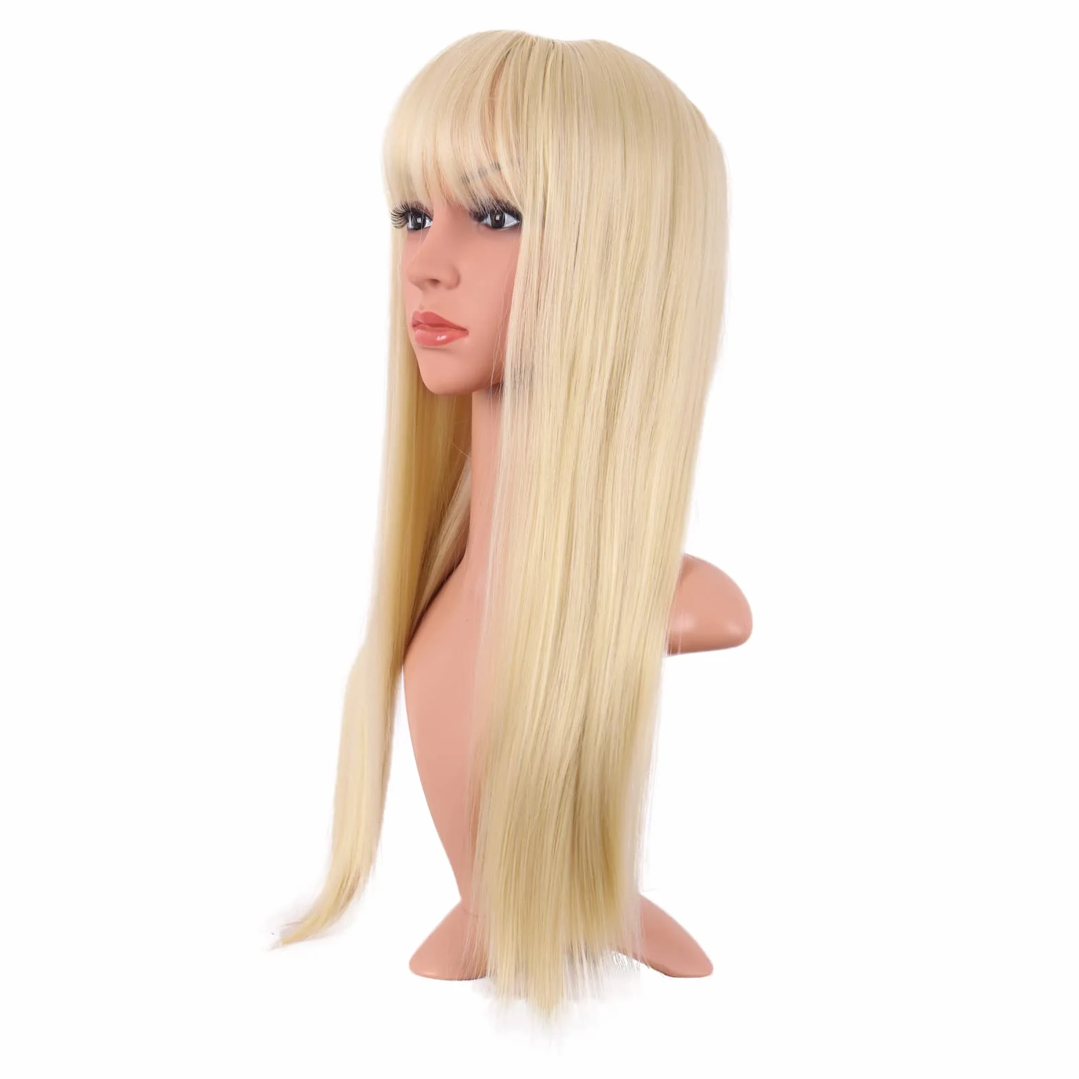 Peruka syntetyczna 56 cm prosta z frędzlami ciepło odporna MapofBeauty mieszany blond
