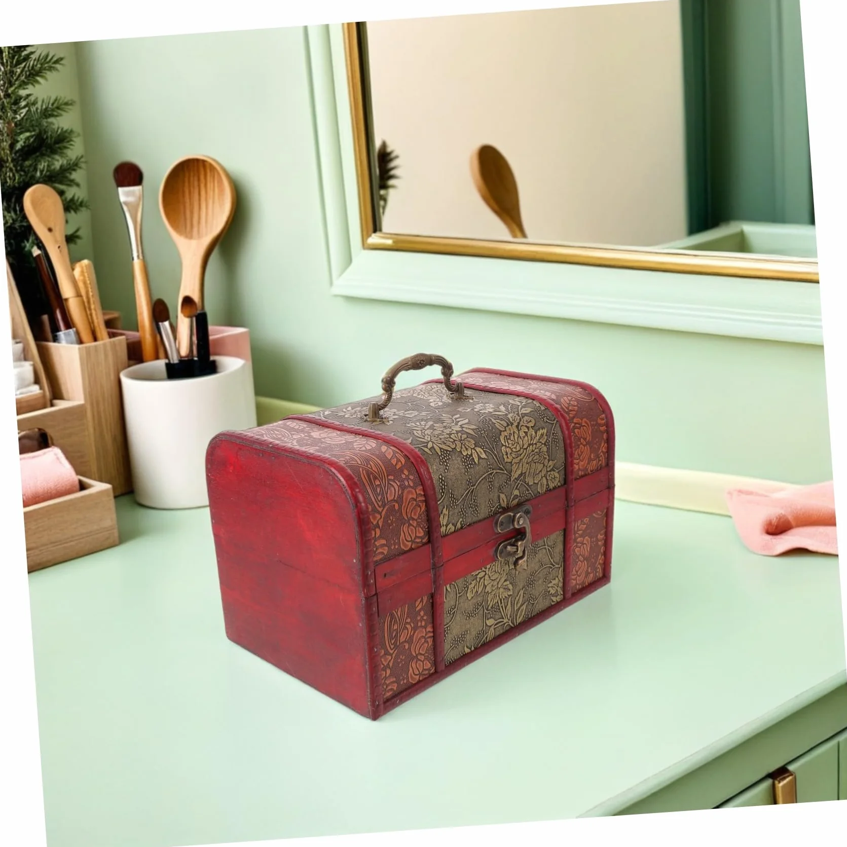 jojofuny Antique Wooden Jewelry Box Large Retro Treasure Chest with Lock for Storing Rings Necklaces Earrings Decorative Storage Organizer for Women