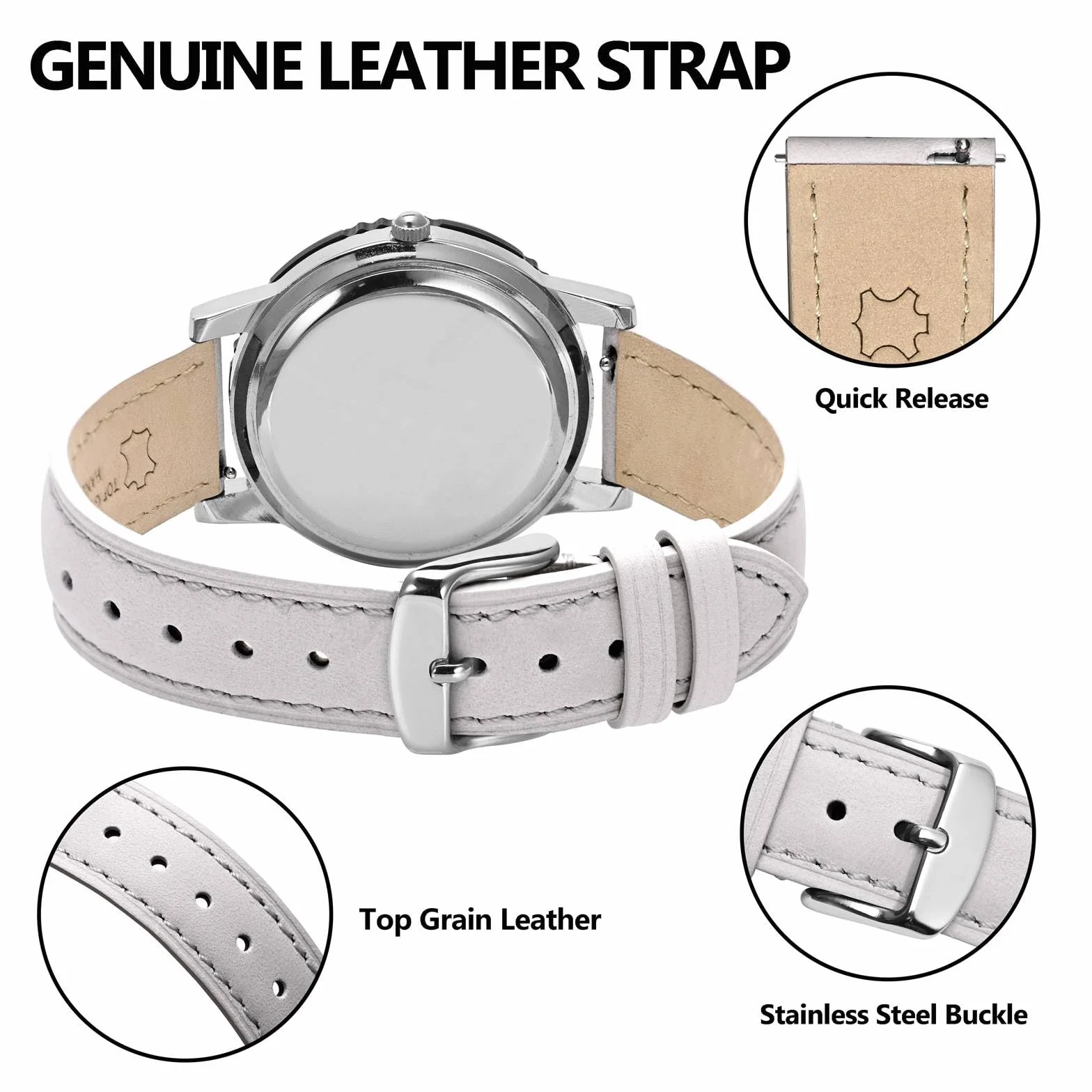 BISONSTRAP Elegancki skórzany pasek do zegarka z systemem szybkiego zapinania, dla kobiet i mężczyzn, dopasowany do uchwytów zegarków o szerokości 12 mm, 14 mm, 15 mm, 16 mm, 17 mm, 18 mm i 20 mm