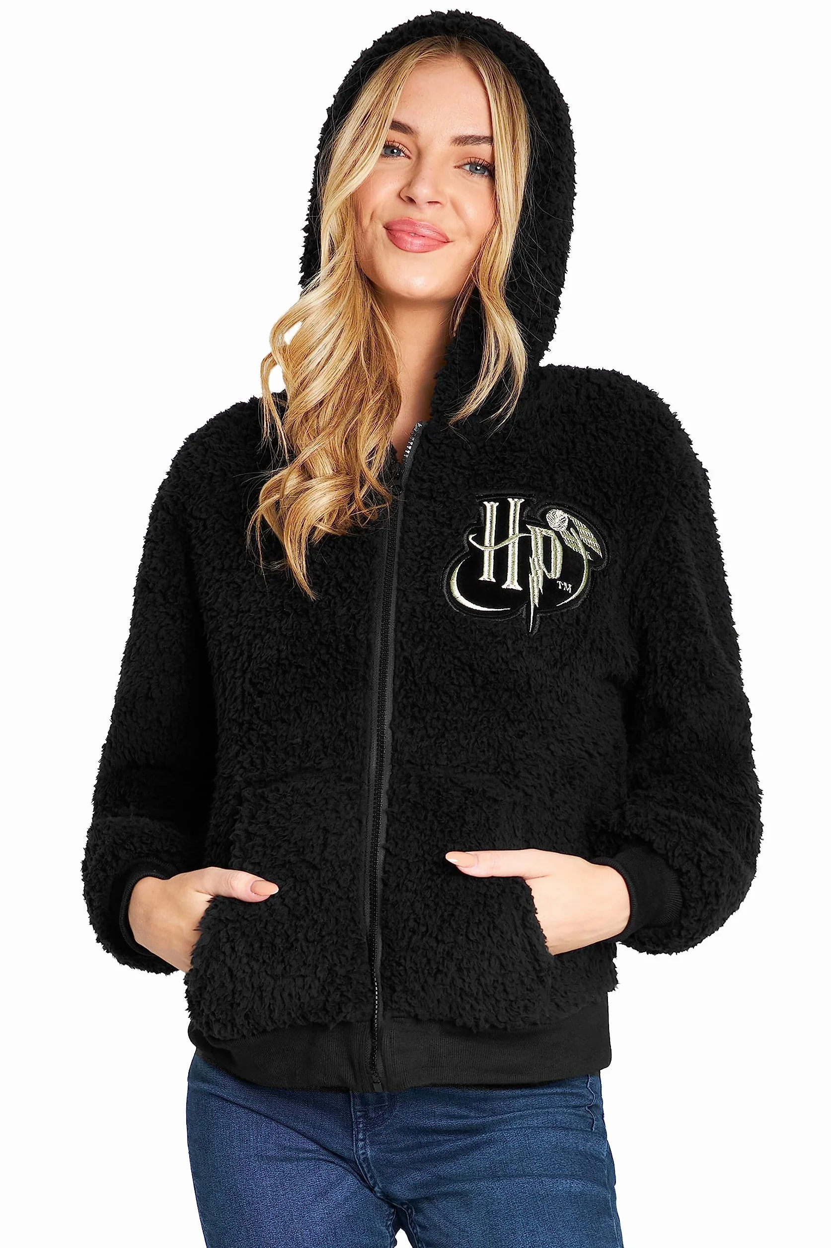 Harry Potter Sherpa Bluza z kapturem dla dziewczyn, zapinana na zamek, polarowa bluza z kapturem dla dzieci nastolatków (Czarny HP Kids)
