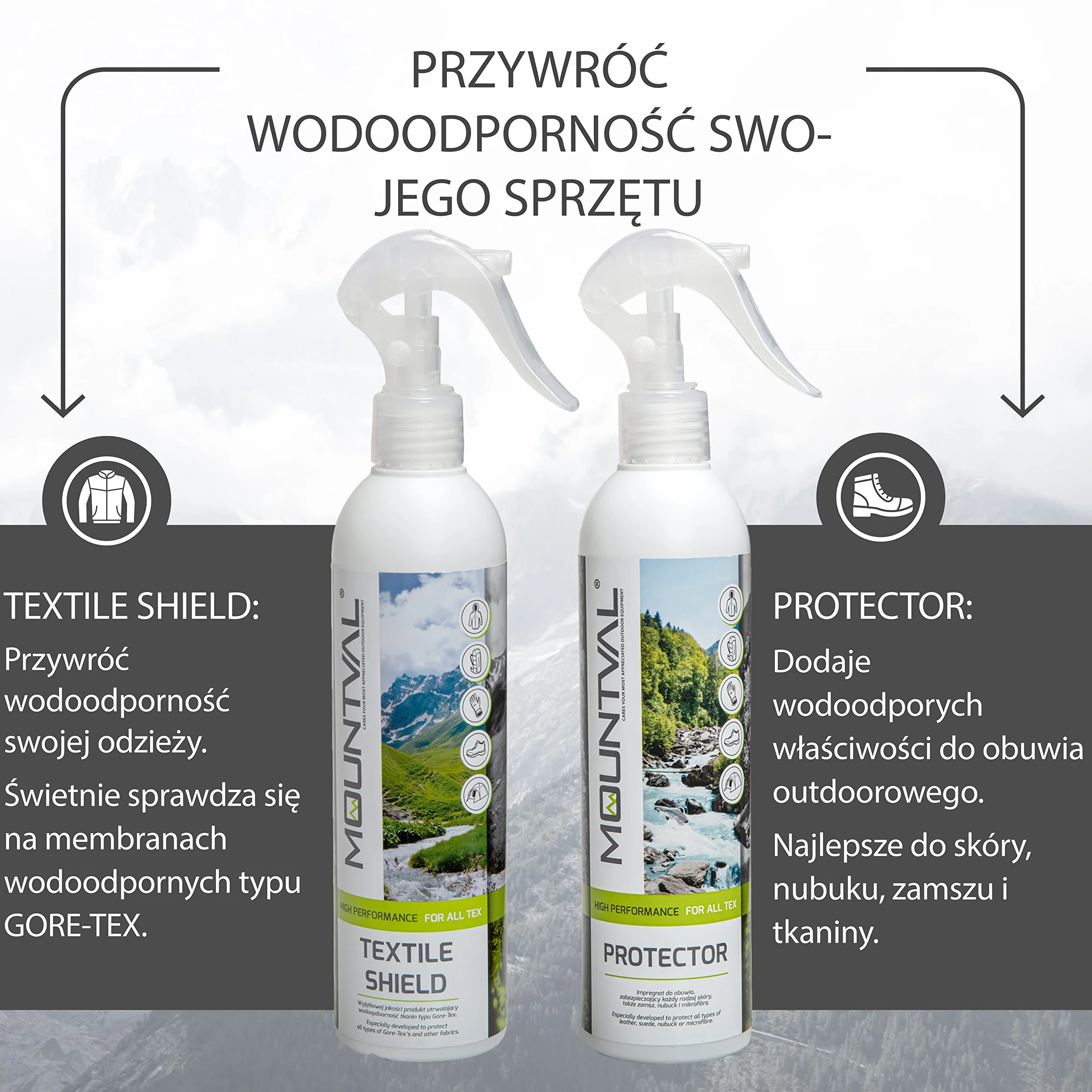 Mountval Protector Textile Shield 2 x 300ml do Odzieży, Obuwia, Skóra, Nubuk, Zamsz, Tkanina & GORE-TEX