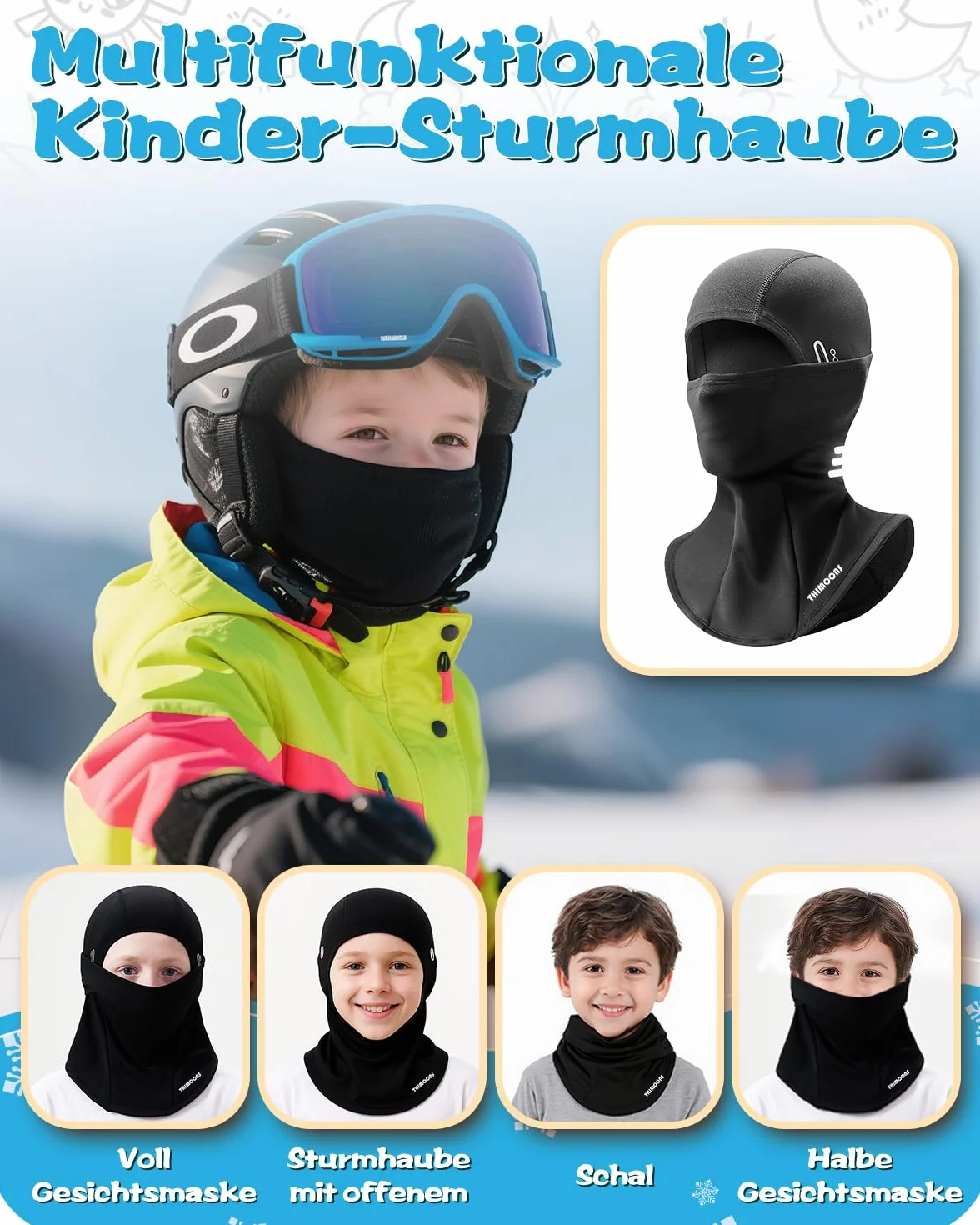 Kominiarka dziecięca na zimę, wiatroszczelna, ciepła kominiarka, z odblaskami, na rower, snowboard, narty, dla chłopców i dziewczynek