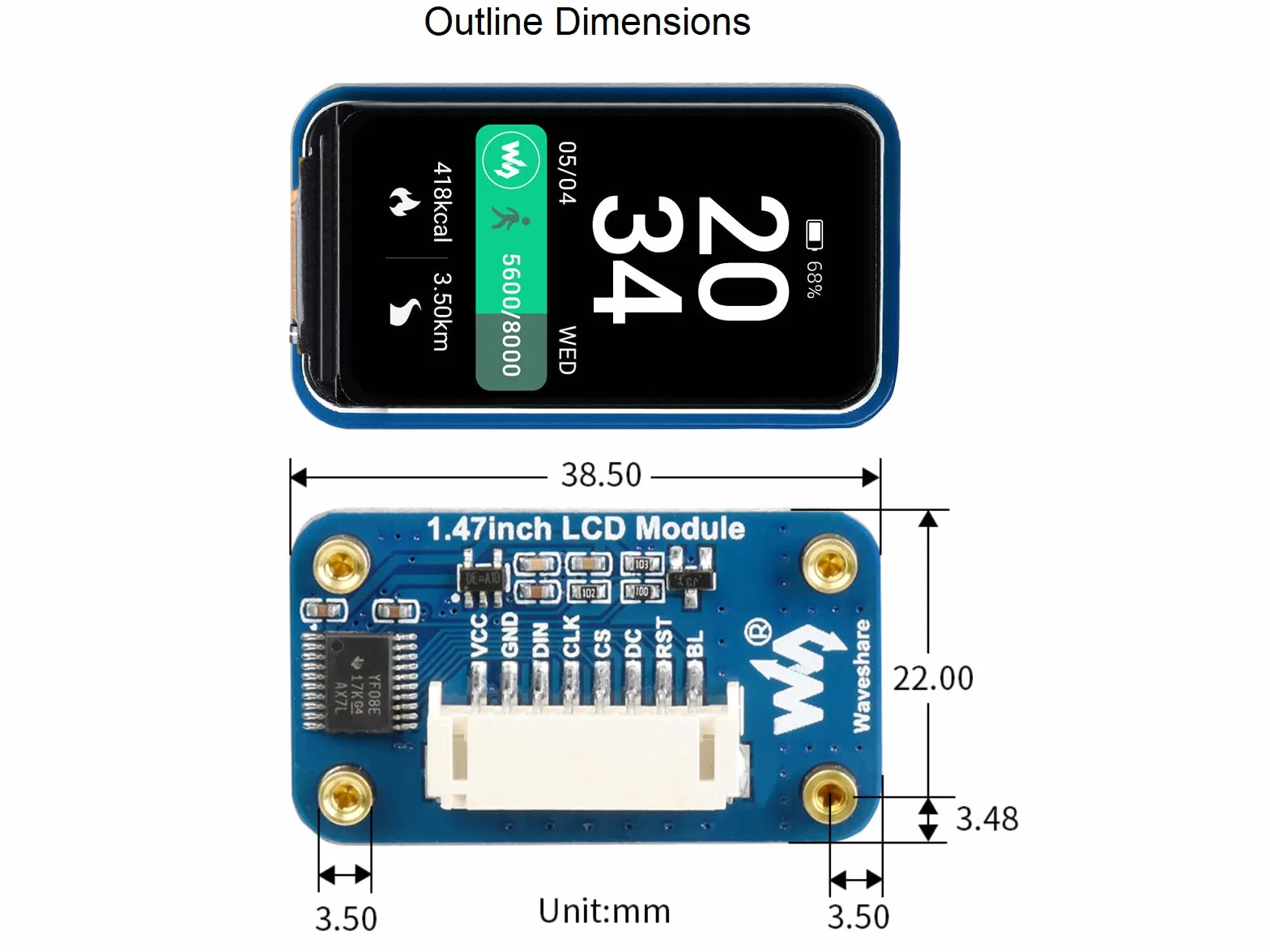 Waveshare 1.47inch LCD Display Module Compatible with Raspberry Pi Rounded Corners 172×320 Resolution with SPI Interface