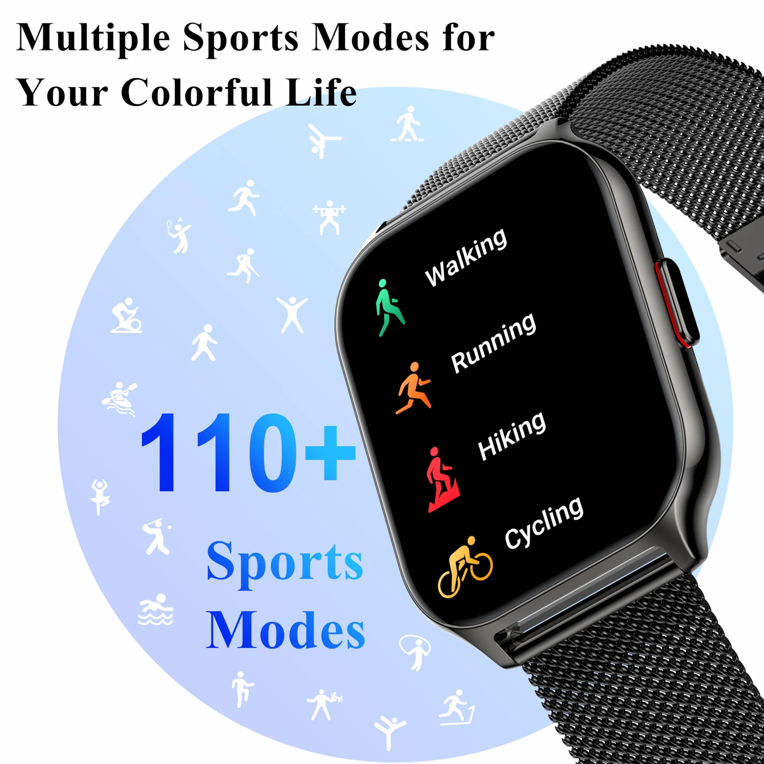 Popglory Inteligentny zegarek dla mężczyzn i kobiet z połączeniem Bluetooth, 2,01'' sportowy Smartwatch, pulsometr, ciśnienie krwi, SpO2, krokomierz, sen, inteligentny zegarek dla systemu Android iOS