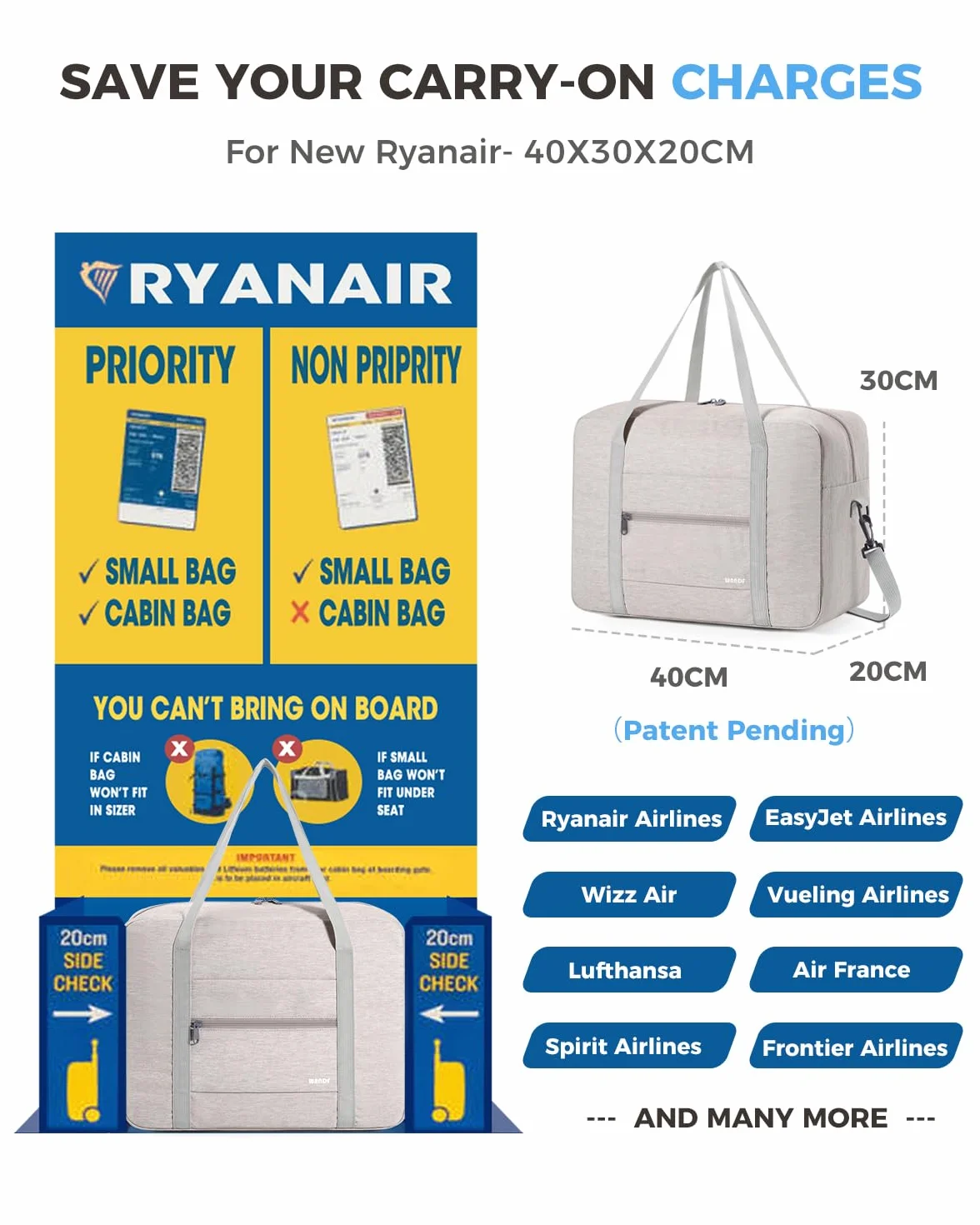 WANDF Bagaż Podręczny do Samolotu Składany Ryanair 40x20x25cm Torba Sportowa, Szpitalna, Weekendowa (Denim Beżowy 20l z Paskiem na Ramię)
