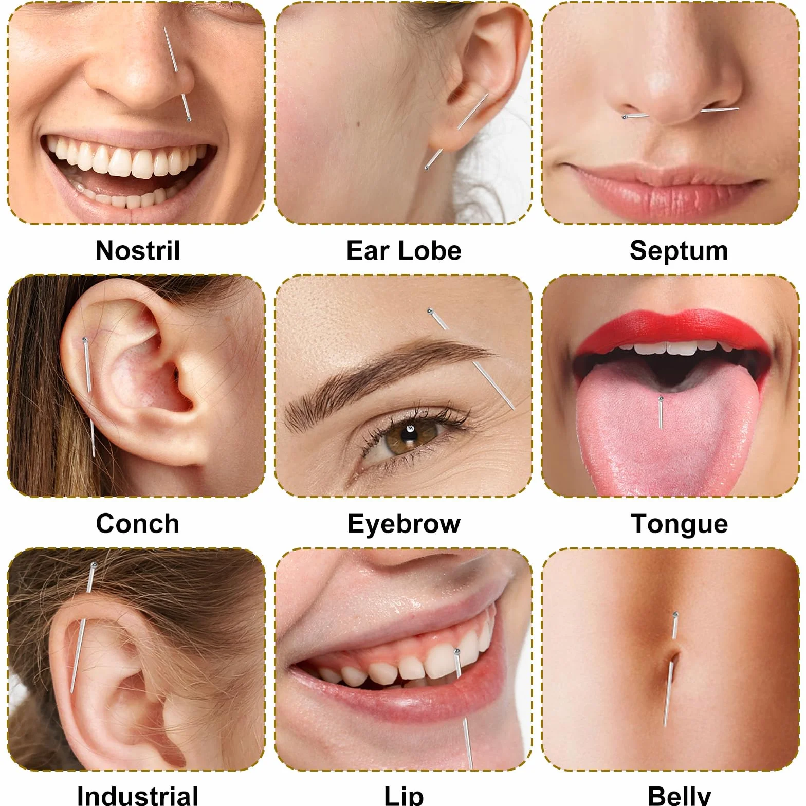 Tucnoeu 18 sztuk igieł do piercingu, 14 – 20 g, pomoc do piercingu, stal nierdzewna, pomoc w wprowadzaniu do uszu, nosa, warg, pępka i wielu innych