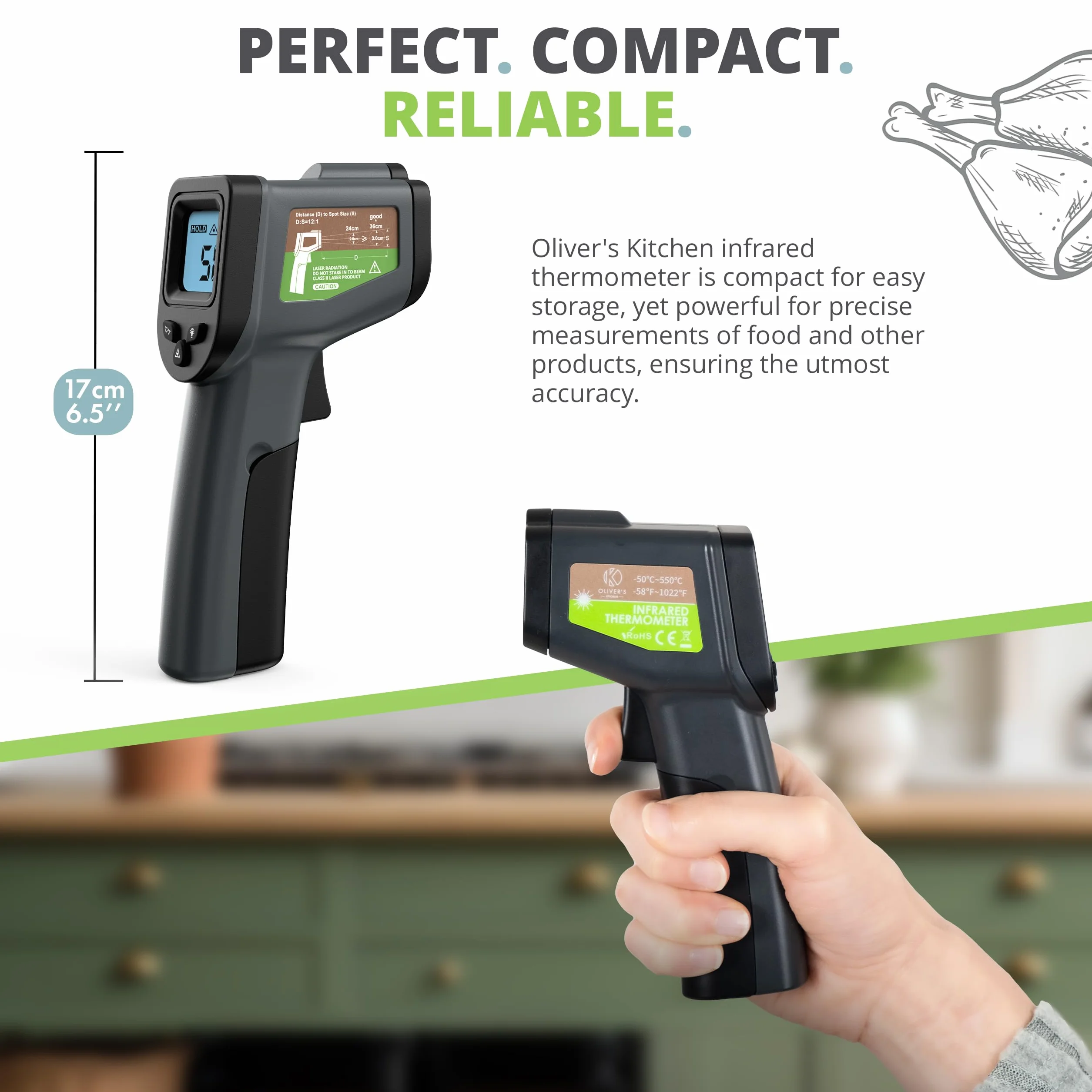 Oliver's Kitchen ® Infrared Thermometer - User-Friendly - Measure Temperature with Precision - Perfect for Pizza Ovens - Ergonomic Grip - Batteries Included