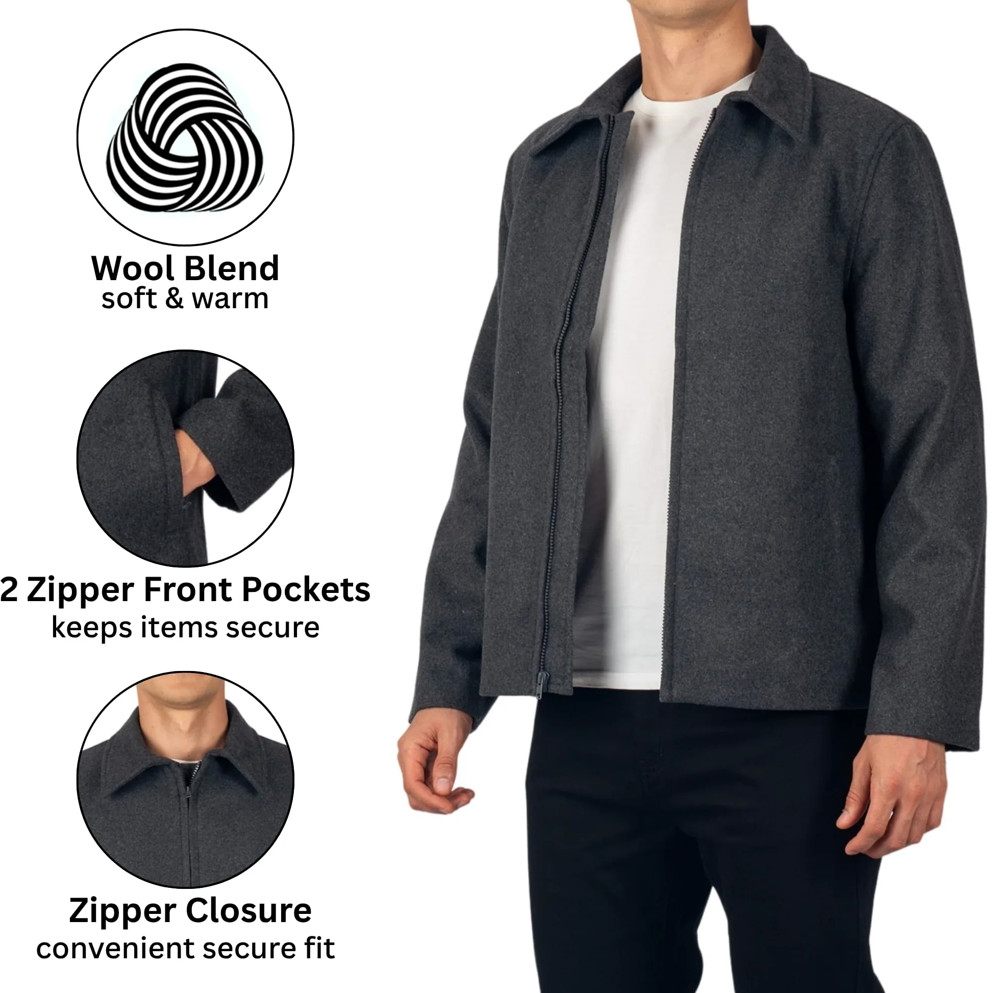 Alpine Swiss Grant męska kurtka wełniana – 71 cm James Dean Style Bomber z kieszeniami zapinanymi na zamek błyskawiczny