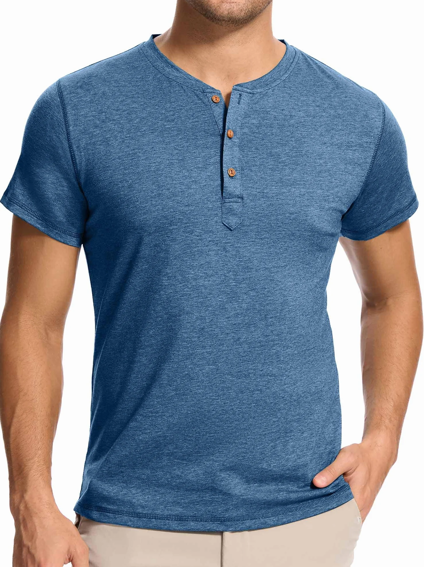 Męski T-shirt z 3 guzikami, jednokolorowy, Henley, koszulka polo | bawełna z krótkim rękawem i kołnierzem koszulowym