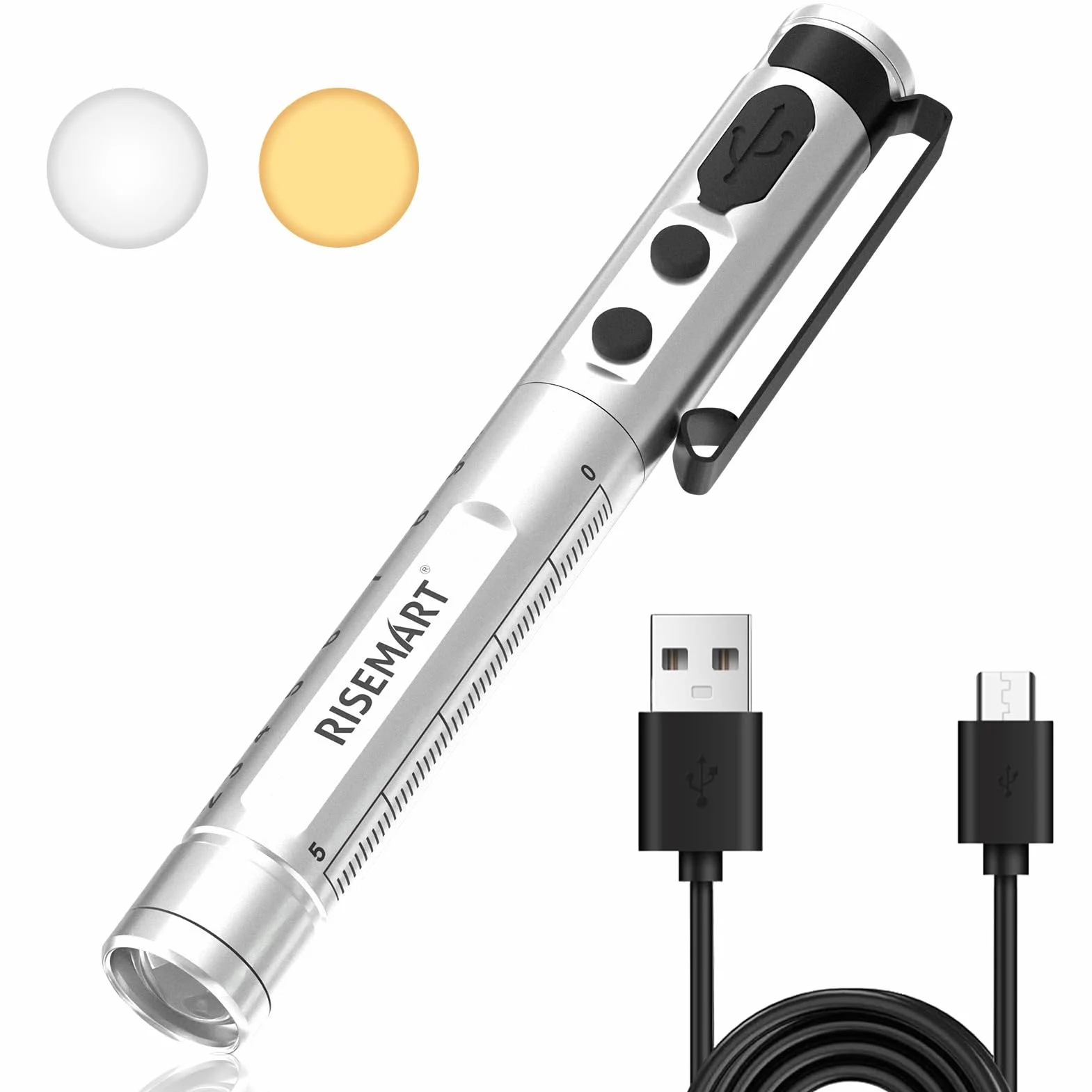 Lampa diagnostyczna, ładowalna lampa źrenicy LED, kabel USB, ciepła / zimna biel i bezstopniowe ściemnianie, przenośna, aluminiowa, medyczna lampa źrenicy z klipsem (sliber)