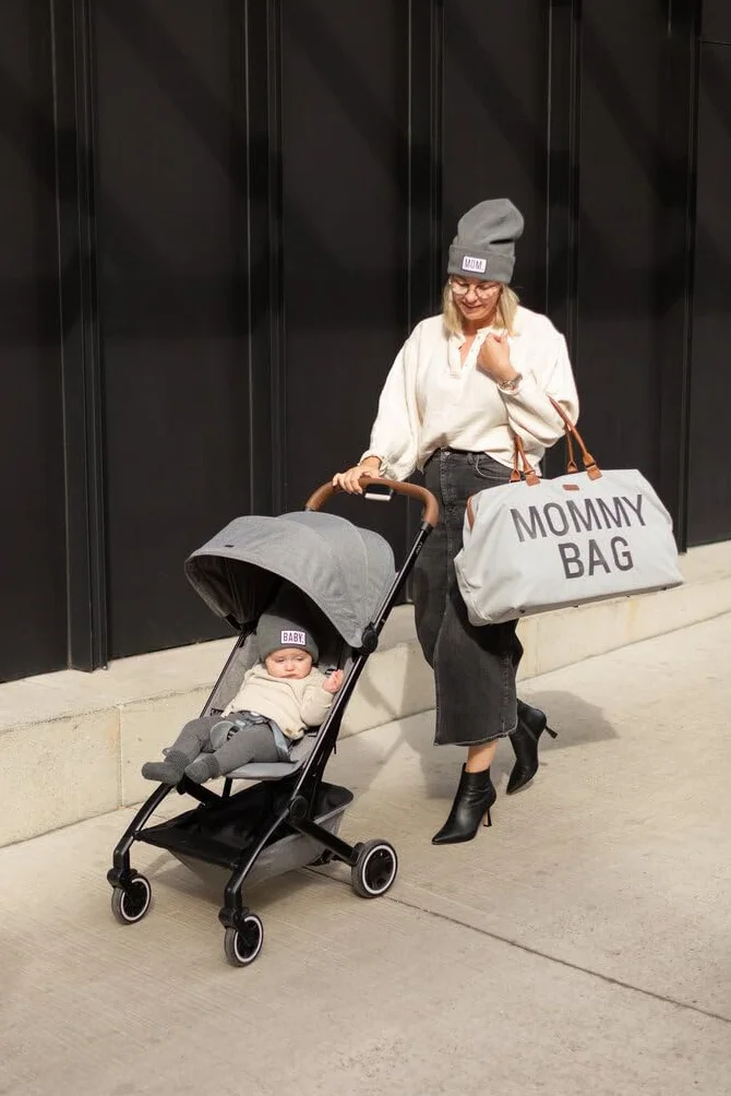 Childhome, Mommy Bag, torba na pieluchy, dla kobiet w ciąży, torba podróżna, duża pojemność, mata do przewijania, regulowany pasek na ramię, izolowana kieszeń, przejście na walizkę, szara koszulka