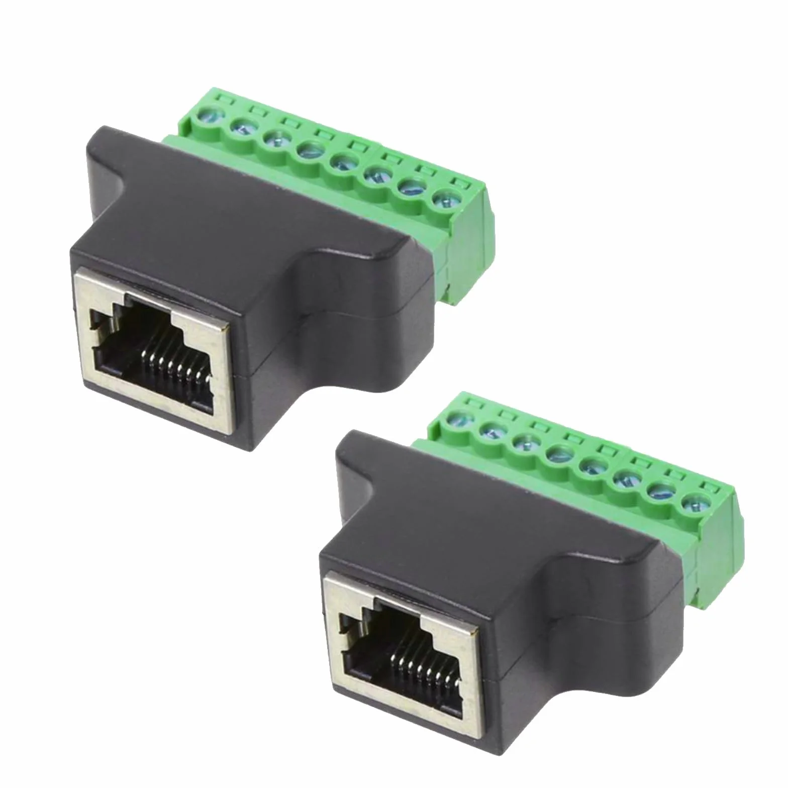 2 sztuki adapterów zaciskowych RJ45, gniazdo RJ45 do bloku zacisków zaciskowych 8-pinowych, złącze Ethernet, odpowiednie do kamer CCTV, cyfrowych DVR, urządzeń sieciowych
