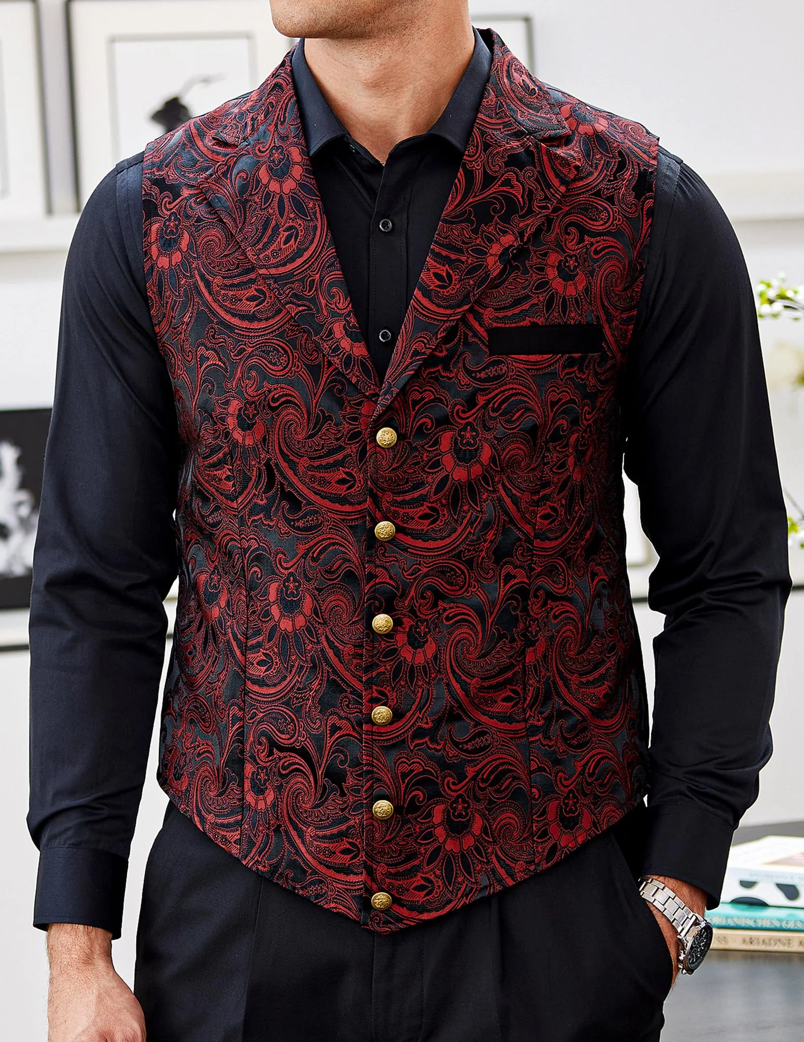 COOFANDY Men Suit Vest Paisley Floral Steampunk Vest Tuxedo Vests Formal Waistcoat with Notch Lapels Wine Red, Medium