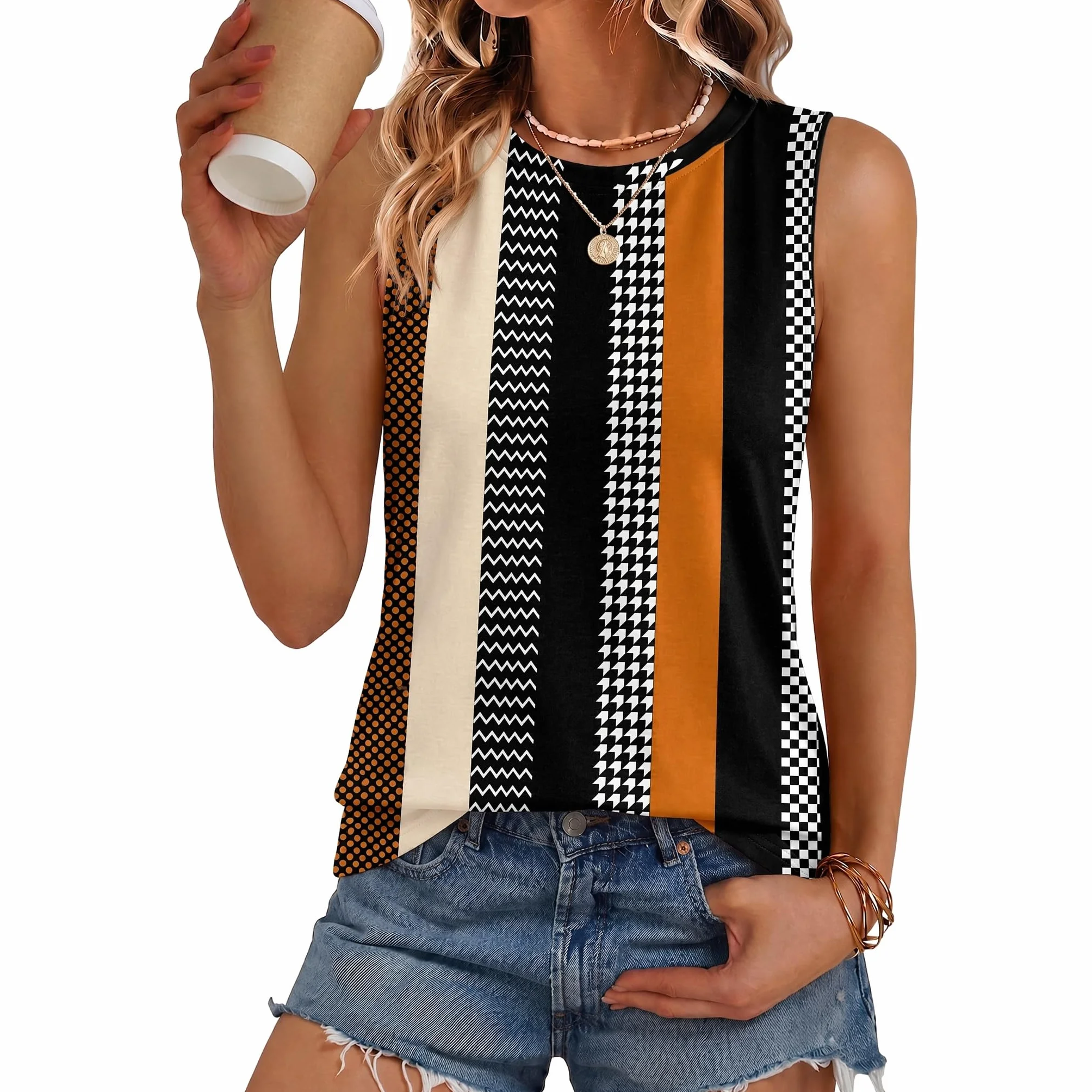 Damski tank top, bez rękawów, na lato, okrągły dekolt, luźny krój, bluzka, basic, S-2XL