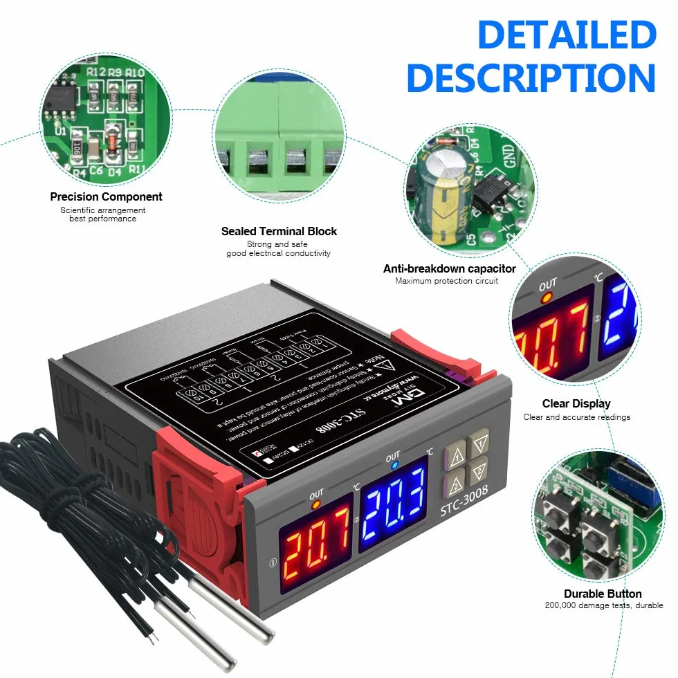 diymore STC-3008 regulator temperatury termostatu, cyfrowy, z podwójnym czujnikiem NTC, z sondą, do urządzeń grzewczych i chłodzących