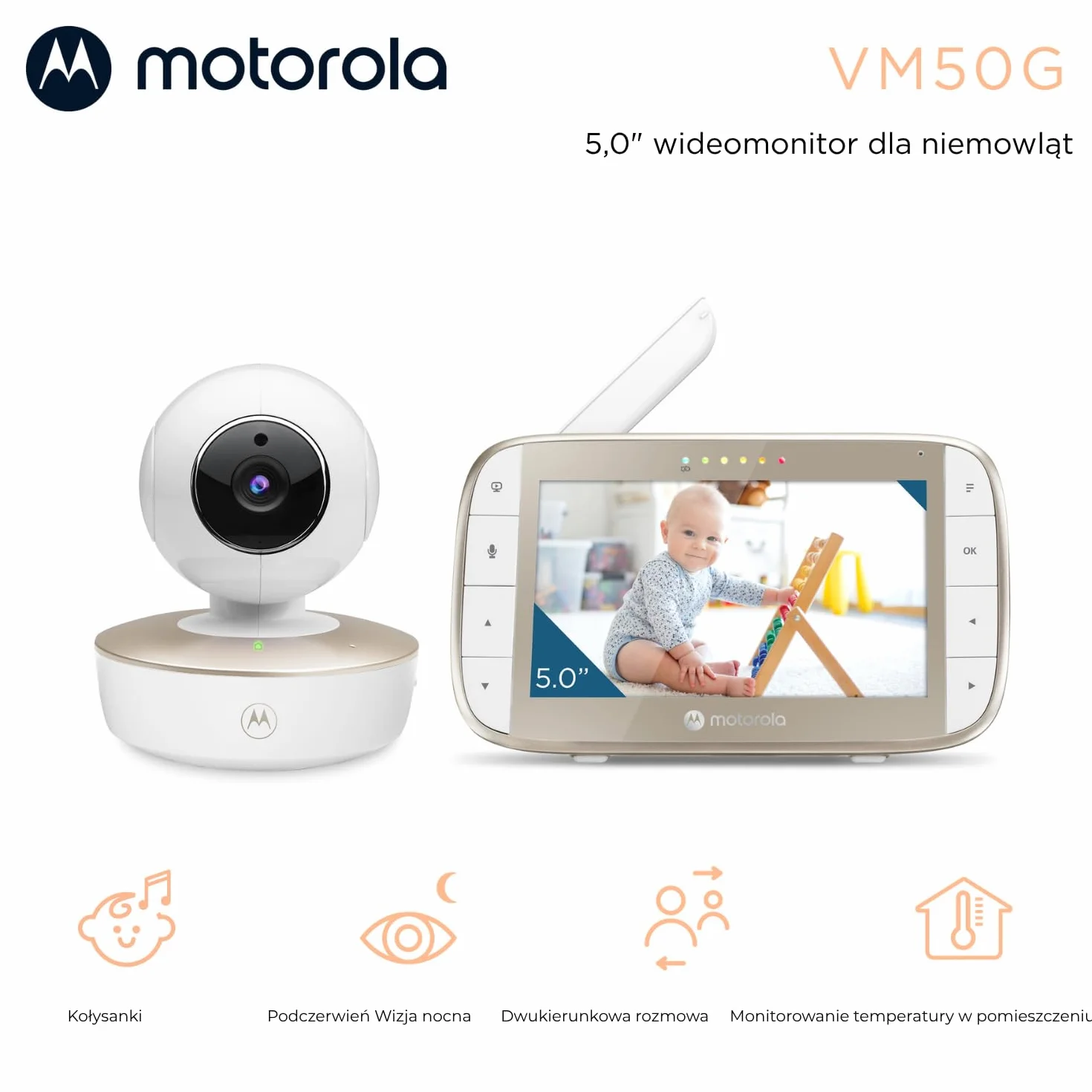 Motorola Nursery VM50G dla niemowląt z kamerą, 5-calowym kolorowym ekranem, funkcją widzenia w nocy, zoomem cyfrowym, dwukierunkową rozmową, czujnikiem temperatury