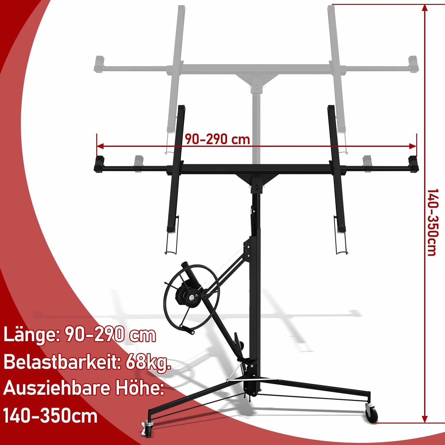 Podnośnik do płyt gipsowo-kartonowych, udźwig 68 kg, czarny, XXL, wysokość robocza 140 cm – 350 cm, maks. szerokość ramienia obciążeniowego 290 cm, regulacja wysokości