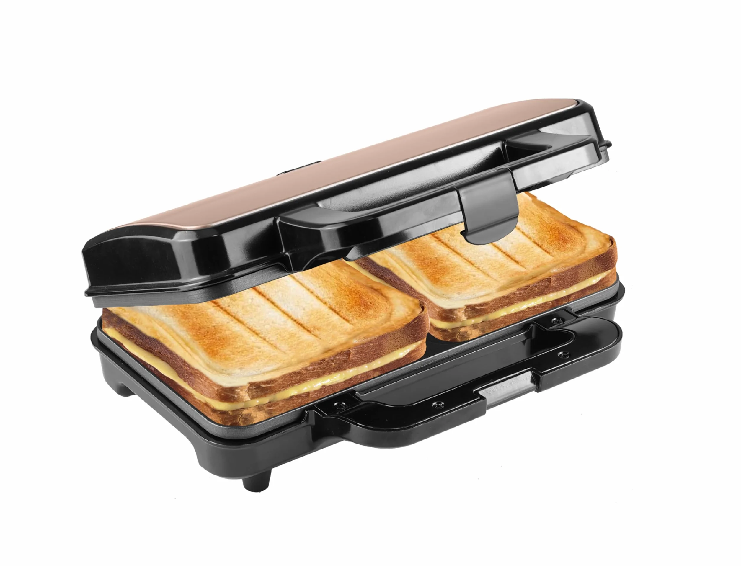 Bestron XL toster do kanapek na 2 kanapki w kształcie muszli - idealny do American Sandwich, z automatyczną regulacją temperatury i wskaźnikiem czuwania, kolor: czarny, miedziany