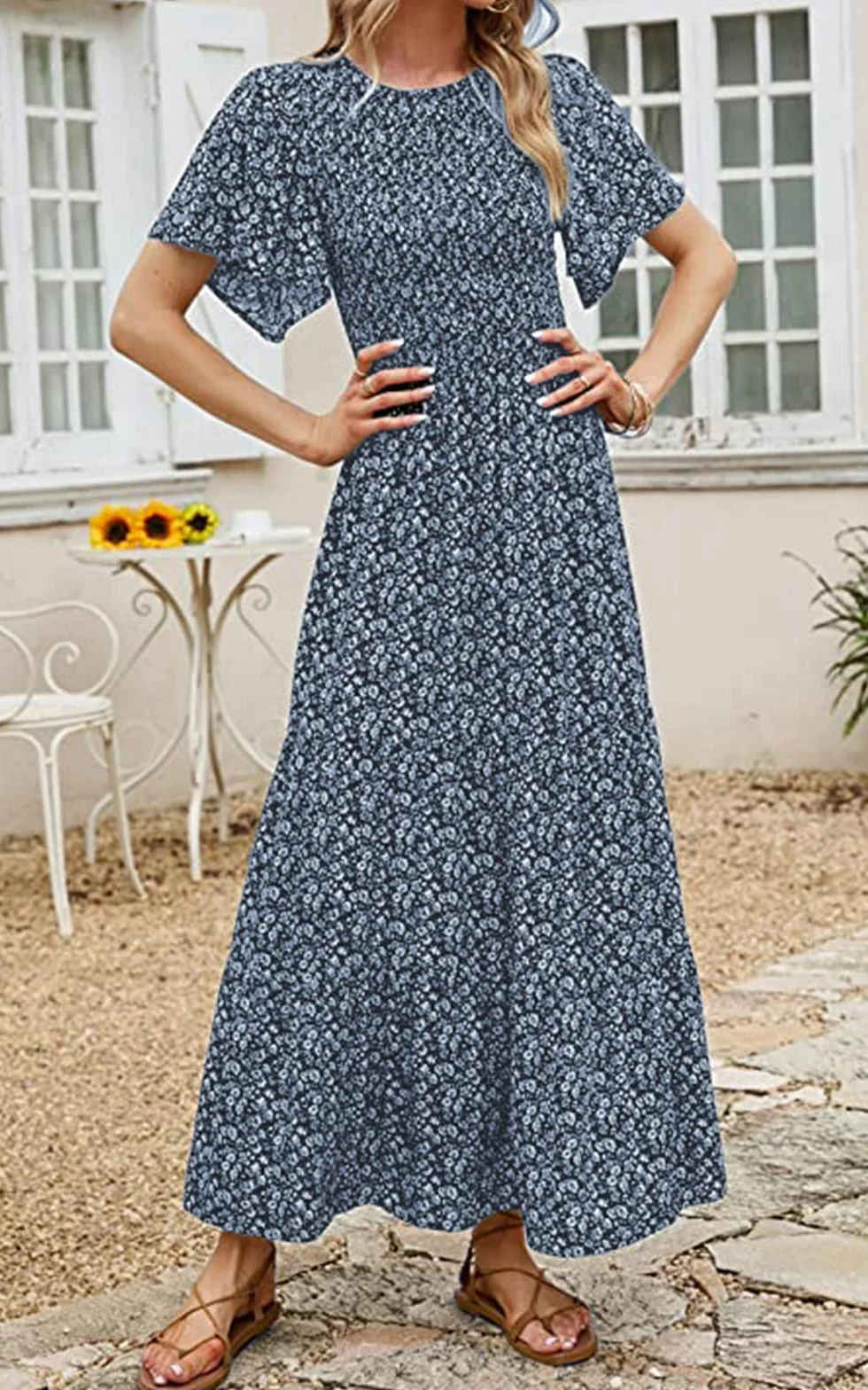 PRETTYGARDEN Women's Floral Maxi Dress Round Neck Short Flutter Sleeve Smocked Ruffle Flowy Tiered Boho Dress Navy Medium
