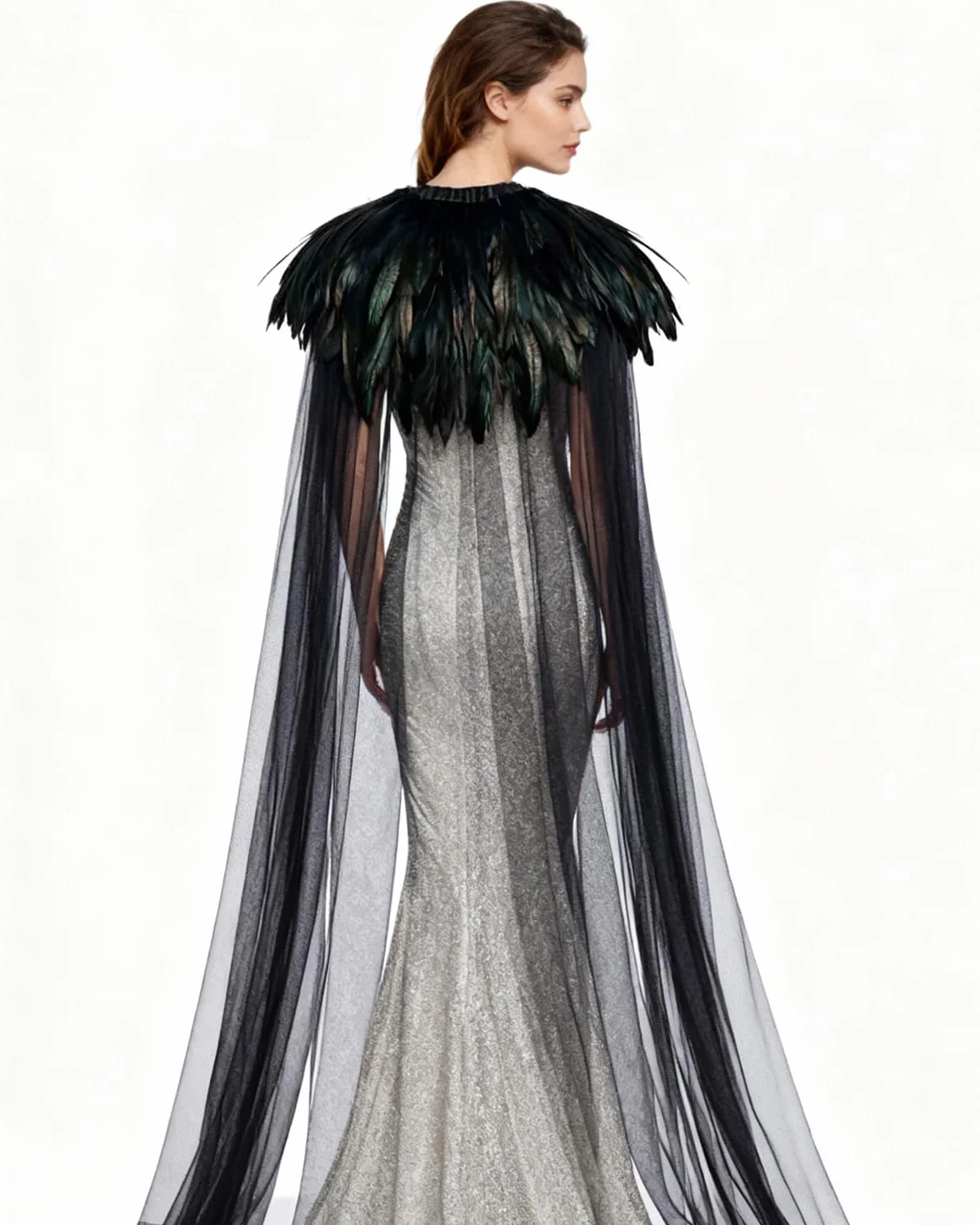 keland Czarna tiulowa peleryna długa z kołnierzem sprężynowym Pióro Cape Halloween Maleficent akcesoria (czarna)