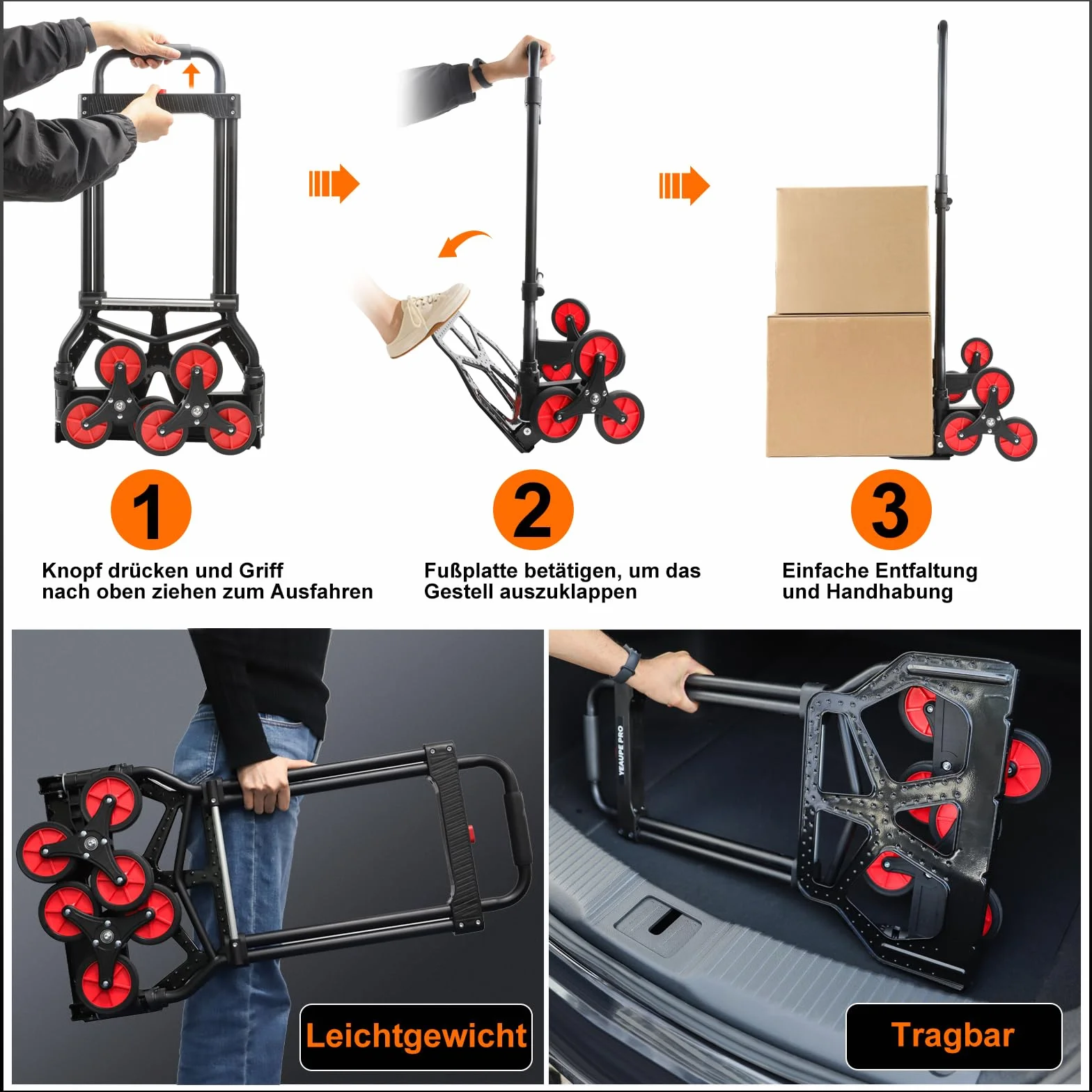 YEAUPE PRO Wózek transportowy, udźwig 80-100 kg, składany wózek transportowy, regulacja wysokości i wchodzenie po schodach do przeprowadzki i ciężkich przedmiotów, wózek schodowy z 2 linami