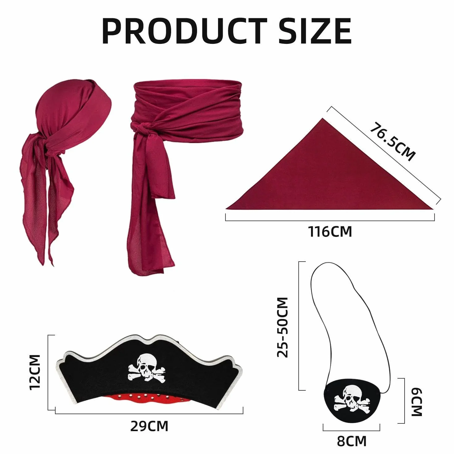 1 x bandana piracka, 1 x pasek, 1 opaska na oczy, kapelusz piracki, akcesoria dla kobiet
