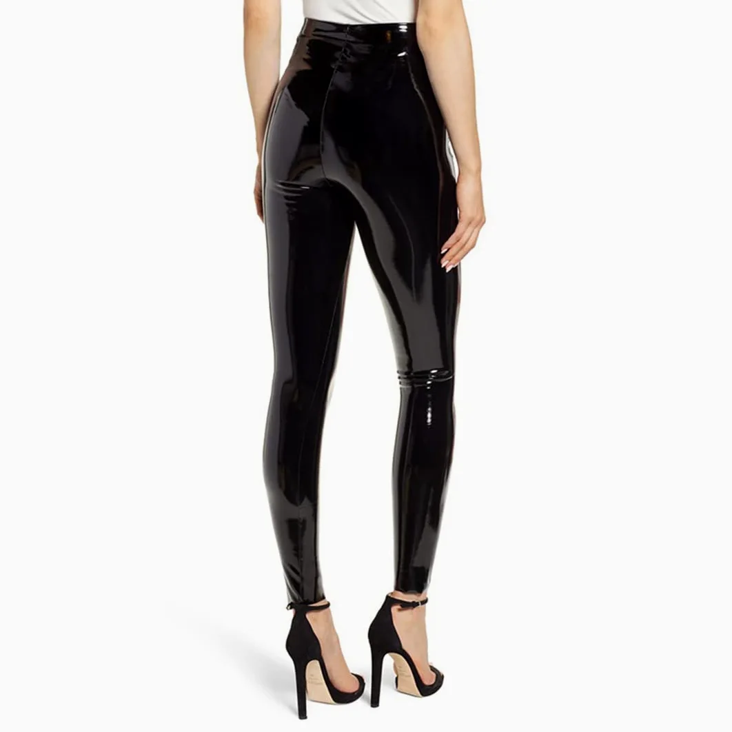 Damskie seksowne, obcisłe, boczne, bezszwowe spodnie z PVC PU Faux Leather Legginsy Niski stan Plus Size Party Wąskie obcisłe spodnie obcisłe (czarne 3XL)
