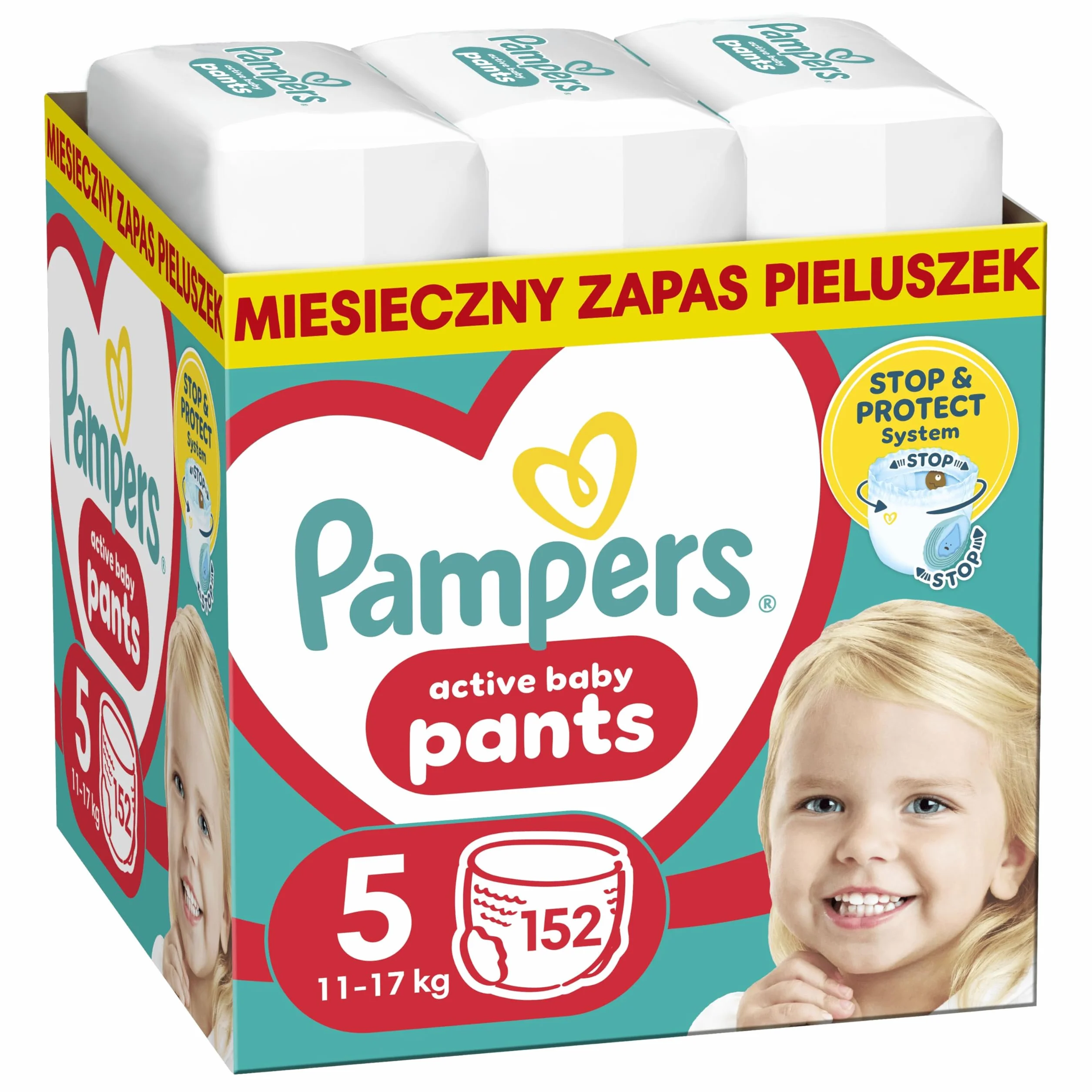 Pampers Pants Pieluchomajtki Rozmiar 5 (12-17kg), 152 Sztuki, Pieluchy z Kieszonką Stop & Protect Zapobiegającą Przeciekaniu z Tyłu