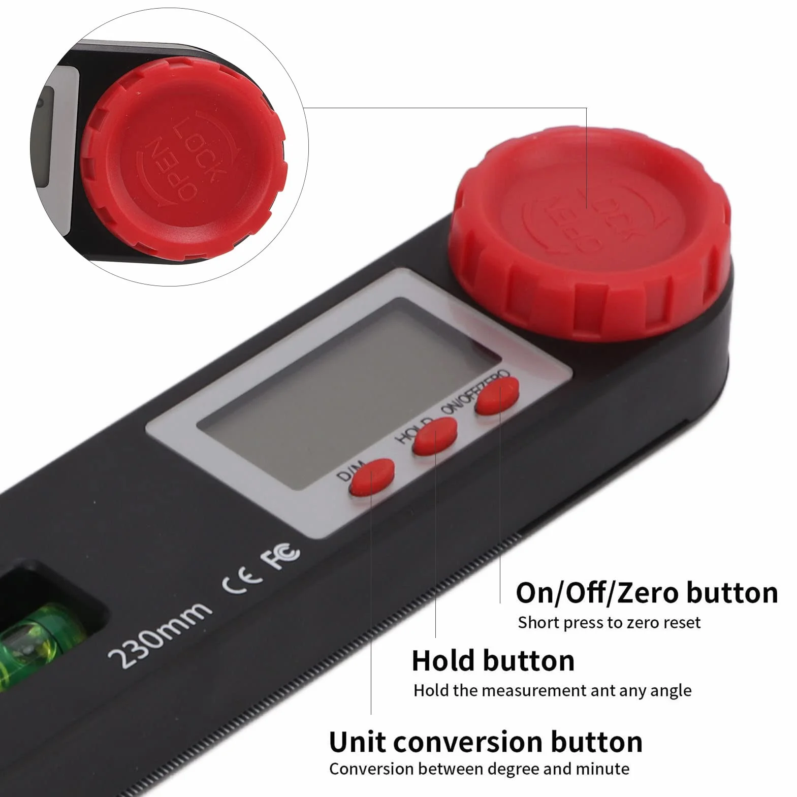 Finans Digital Angle Finder, Struktura Blokująca 360 Stopni, 4 w 1 Wielofunkcyjny Linijka Kątowa z LED HD, Kątownik Cyfrowy Wyszukiwarka Kąta dla Domu na Zewnątrz, Poziom