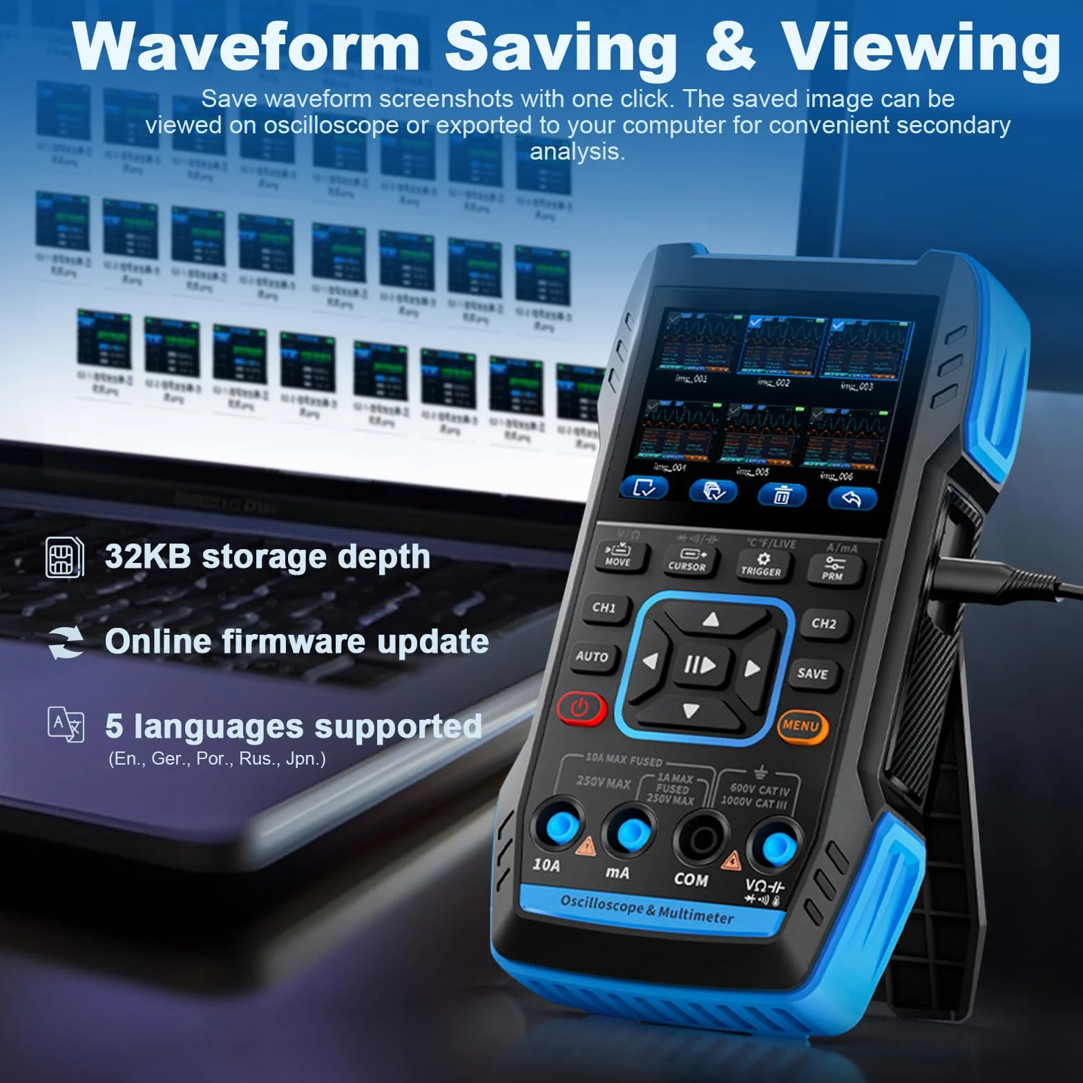 Multimetr oscyloskopowy, 2-kanałowy – ręczny generator sygnału WapoRich 3 w 1 i oscyloskop 10 MHz, 50 MSa/s, TRMS 9999 Counts, 7 form fal sygnałowych, głębokość pamięci 32 KB, aktualizacja online