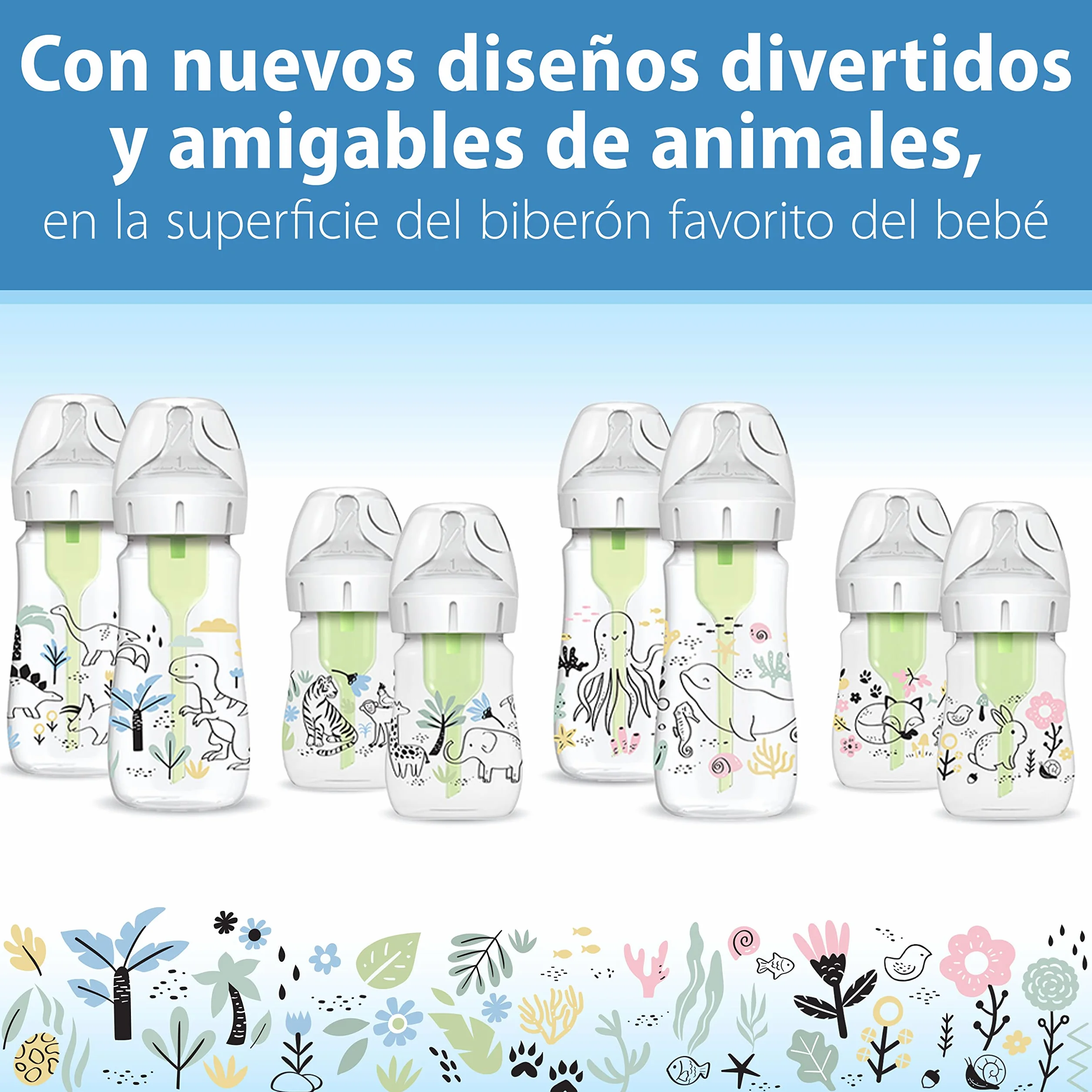 Dr. Brown's Natural Flow Anti-Colic Options+ Butelki z szeroką szyjką, 270 ml, ze smoczkiem poziomu 1, zestaw 2 szt., wzór dinozaura
