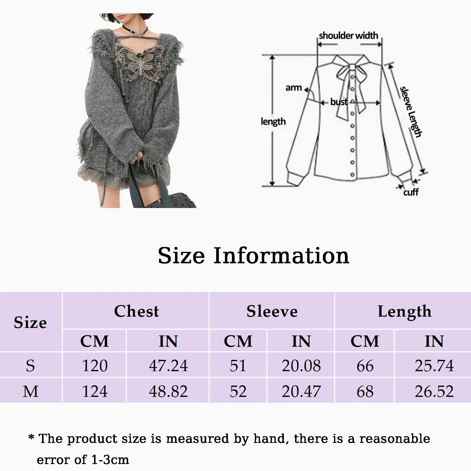 Damski sweter oversize z dzianiny z motywem motyla, postrzępione brzegi, frędzle, top Y2K w stylu punk